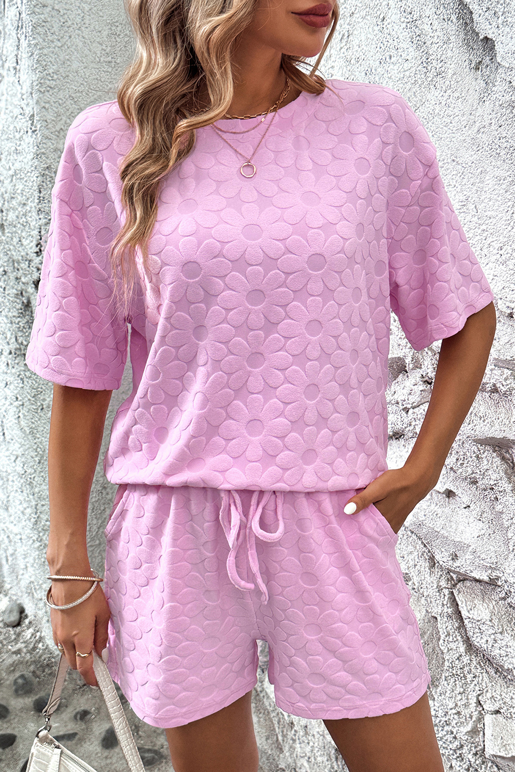 Pink Flower Embossed Texture Short 2pcs Outfit - loveforevers
