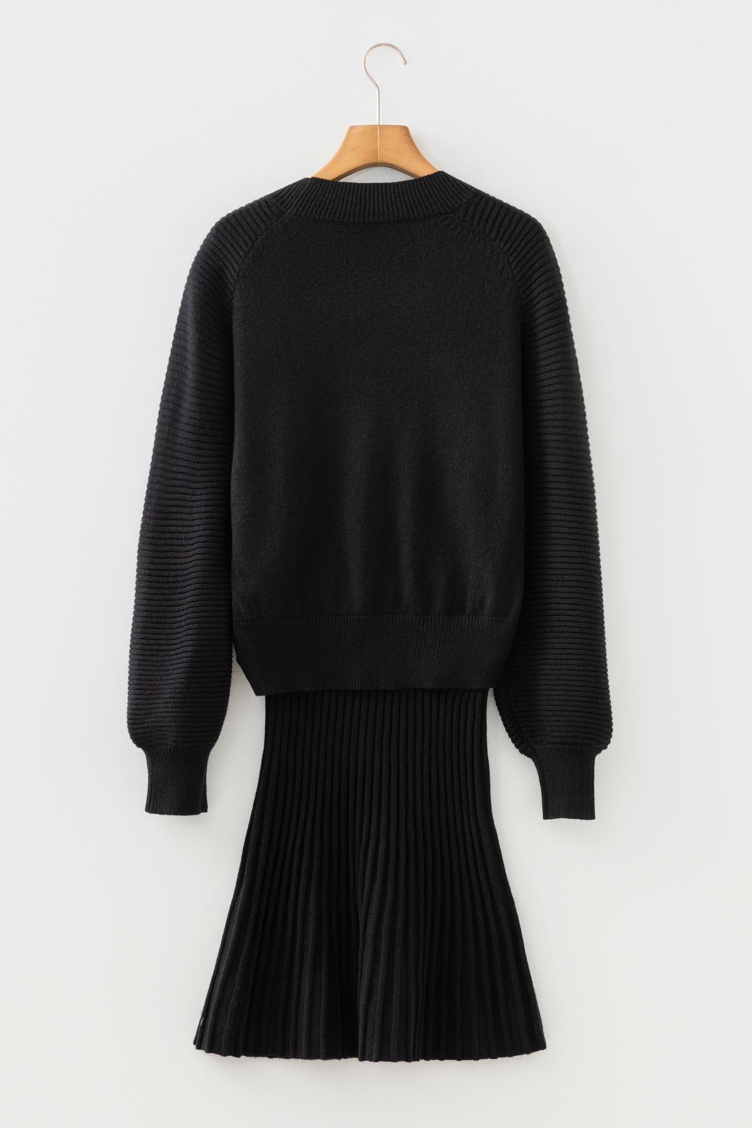 Smoke Gray High Neck Puff Sleeve Sweater Pleated Mini Skirt 2pcs Knitted Outfit - loveforevers