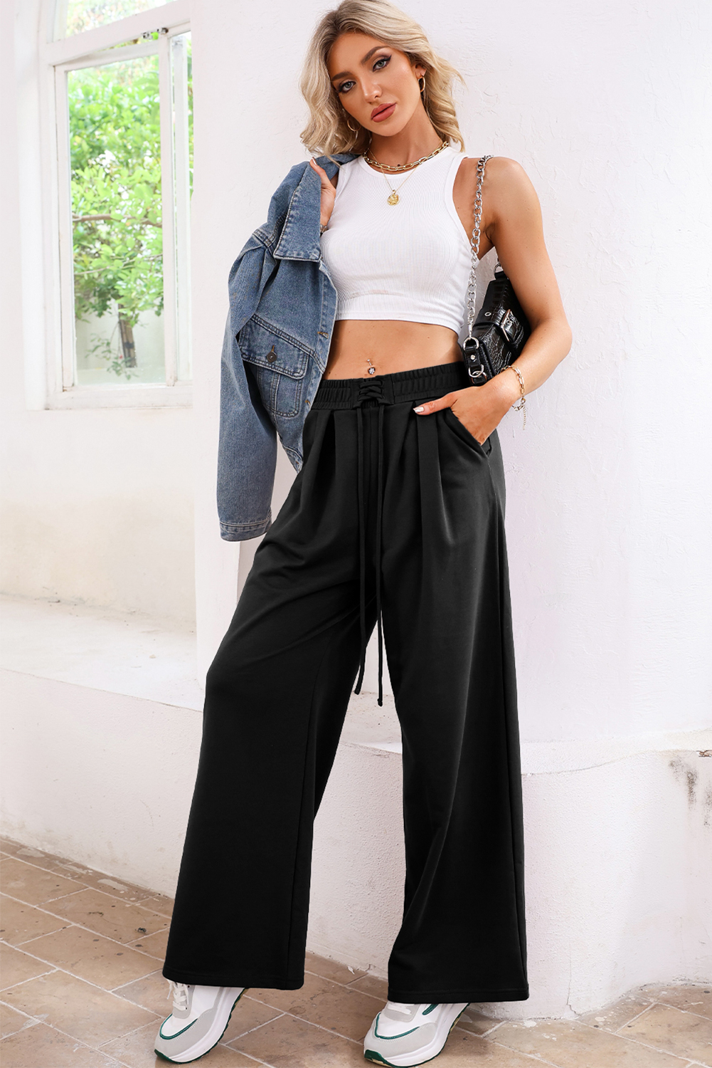 Burgundy Tied Elastic High Waist Pleated Detail Solid Sweatpants - loveforevers