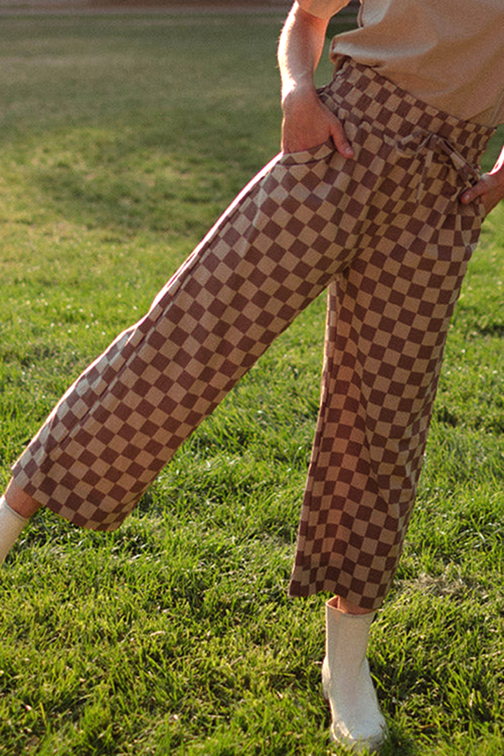 Khaki Checkered Elastic High Waist Loose Casual Pants - loveforevers
