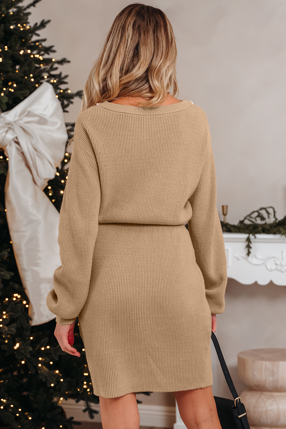 Smoke Gray Pearl Embellished Keyhole Ribbed Sweater Dress - loveforevers