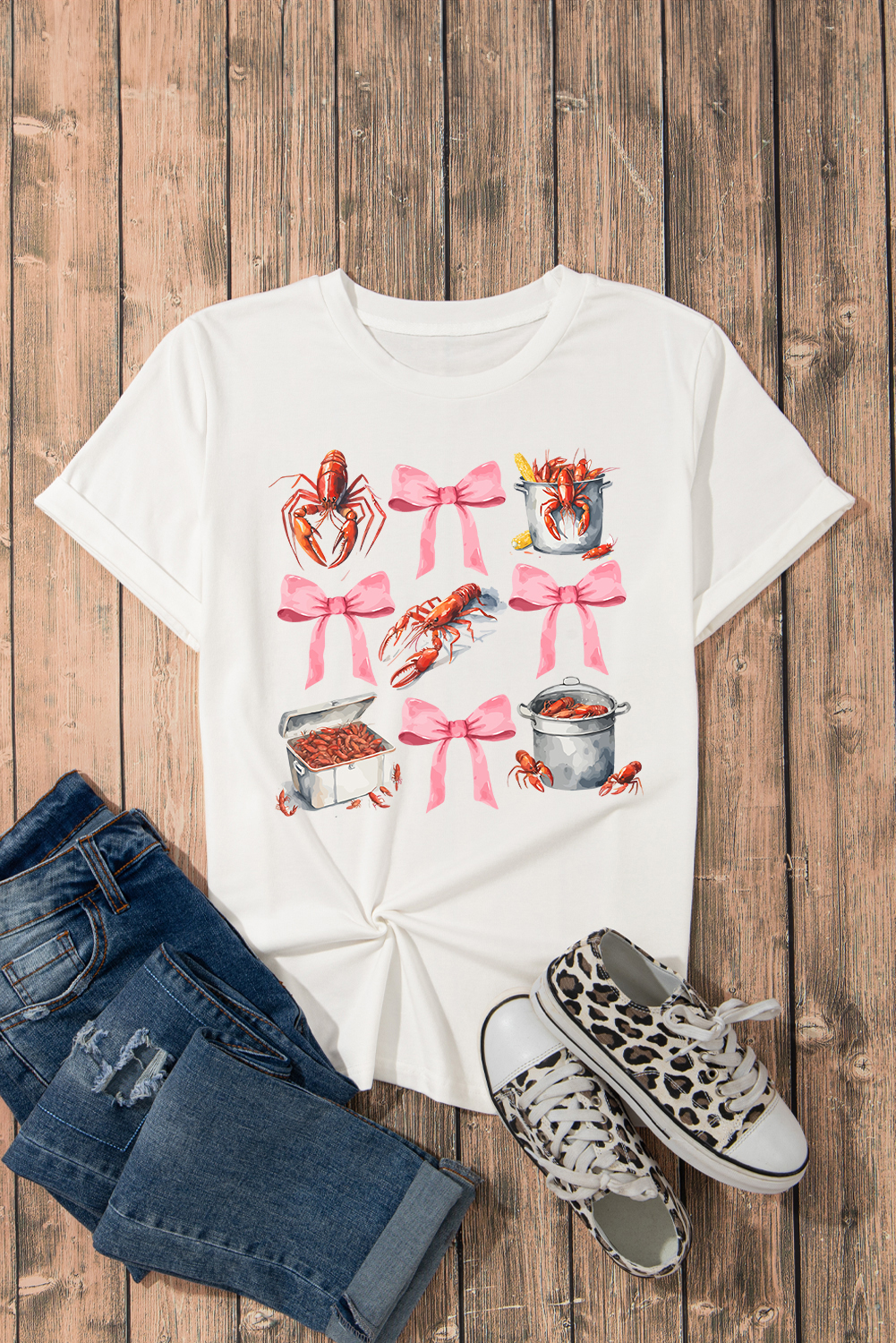 White Crawfish Boil Bow Graphic Crewneck Tee - loveforevers