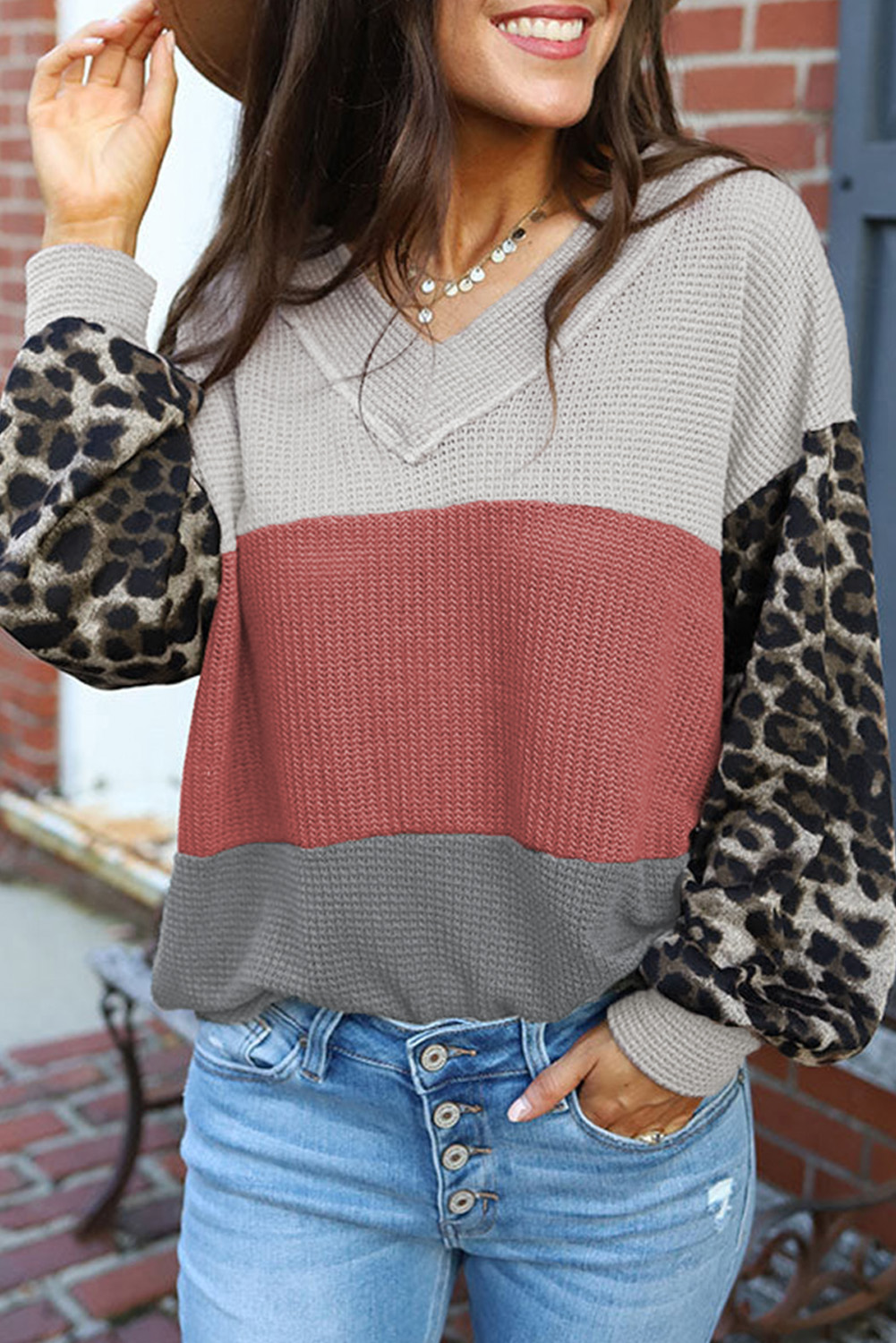 Fiery Red Wild Leopard Contrast Sleeve Colorblock Waffle Knit Top - loveforevers
