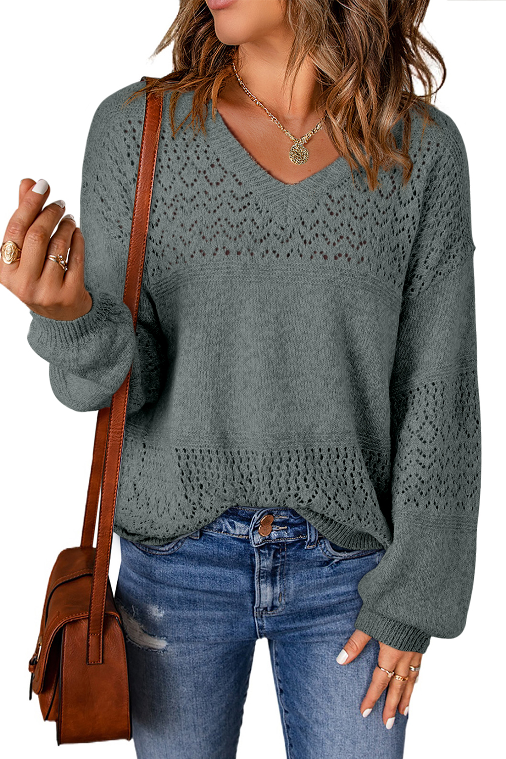 Sky Blue Eyelet Pattern Detail V Neck Drop Shoulder Sweater - loveforevers