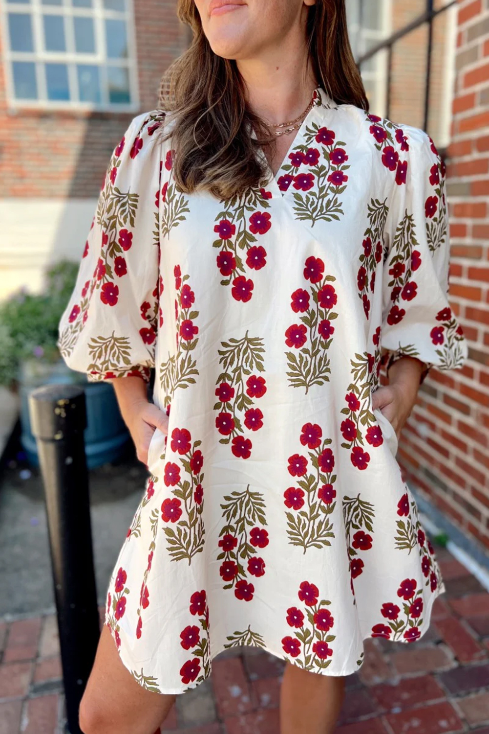 White Floral Print V Neck 3/4 Sleeve Loose Mini Dress - loveforevers