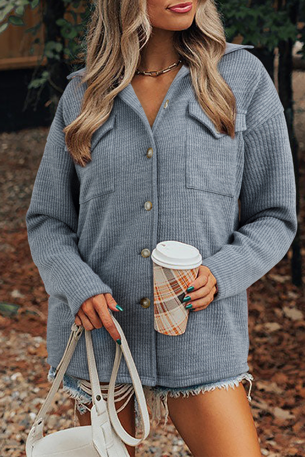 Medium Grey Ribbed Knit Buttons Front Flap Pocket Casual Shacket - loveforevers