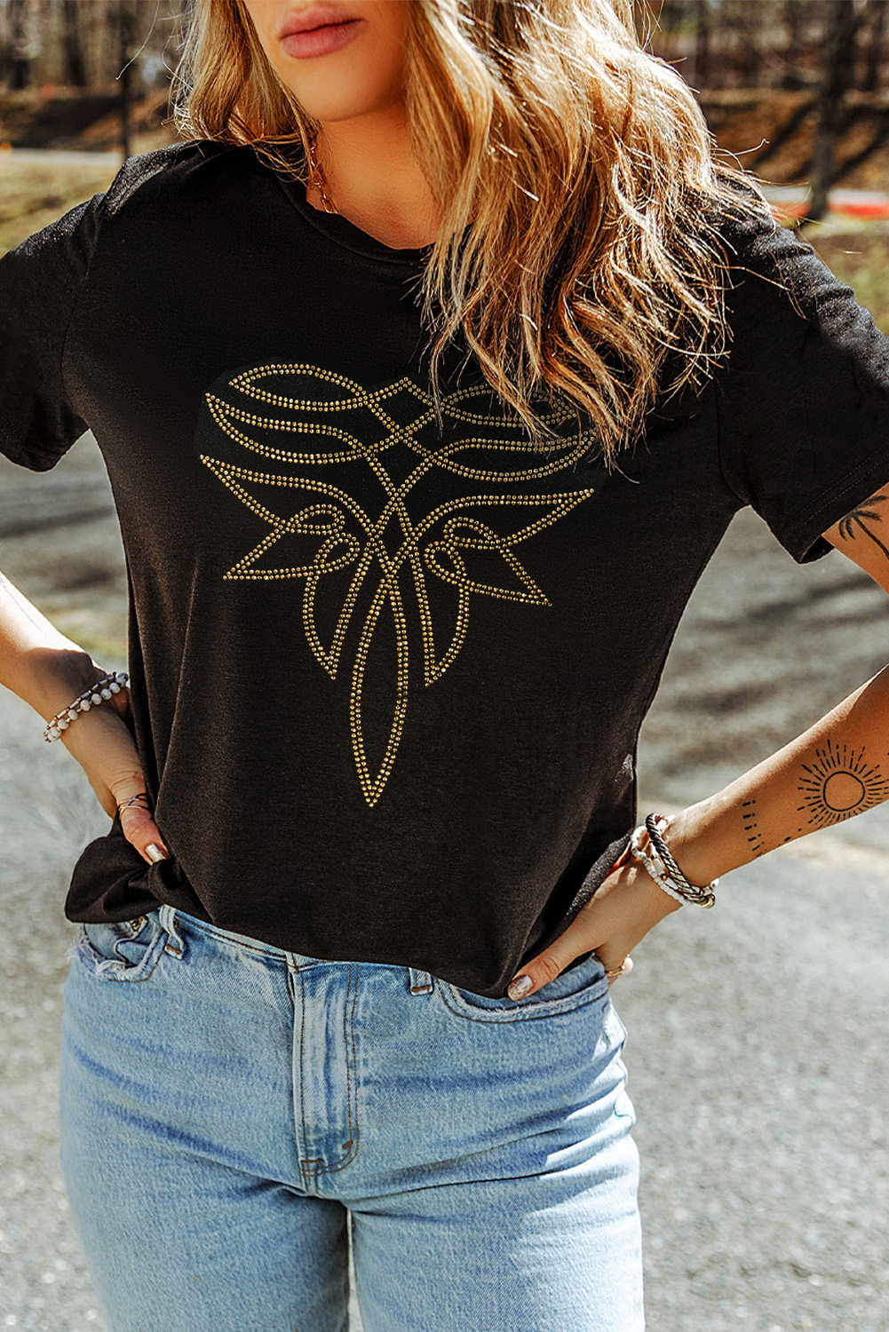 Black Rhinestone Western Pattern Cotton Blend Graphic T Shirt - loveforevers