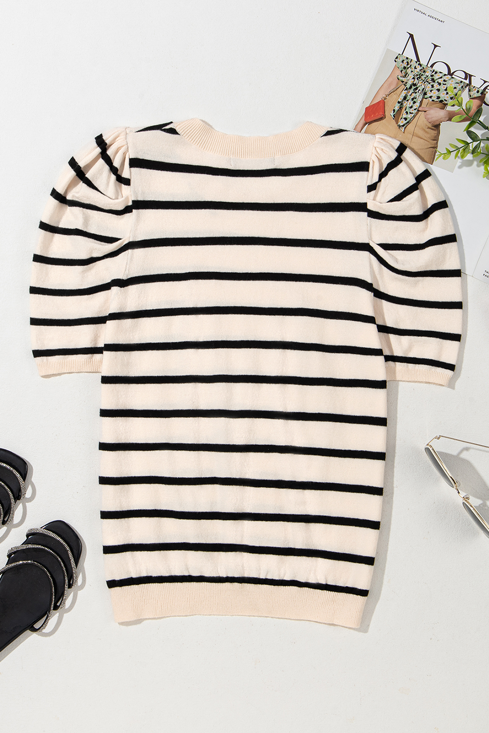 Blue Stripe Ribbed Trim Round Neck Bubble Sleeve Knitted Top - loveforevers