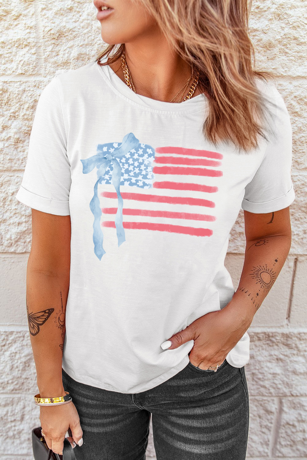 White American Flag Bow Knot Print Crew Neck T Shirt - loveforevers
