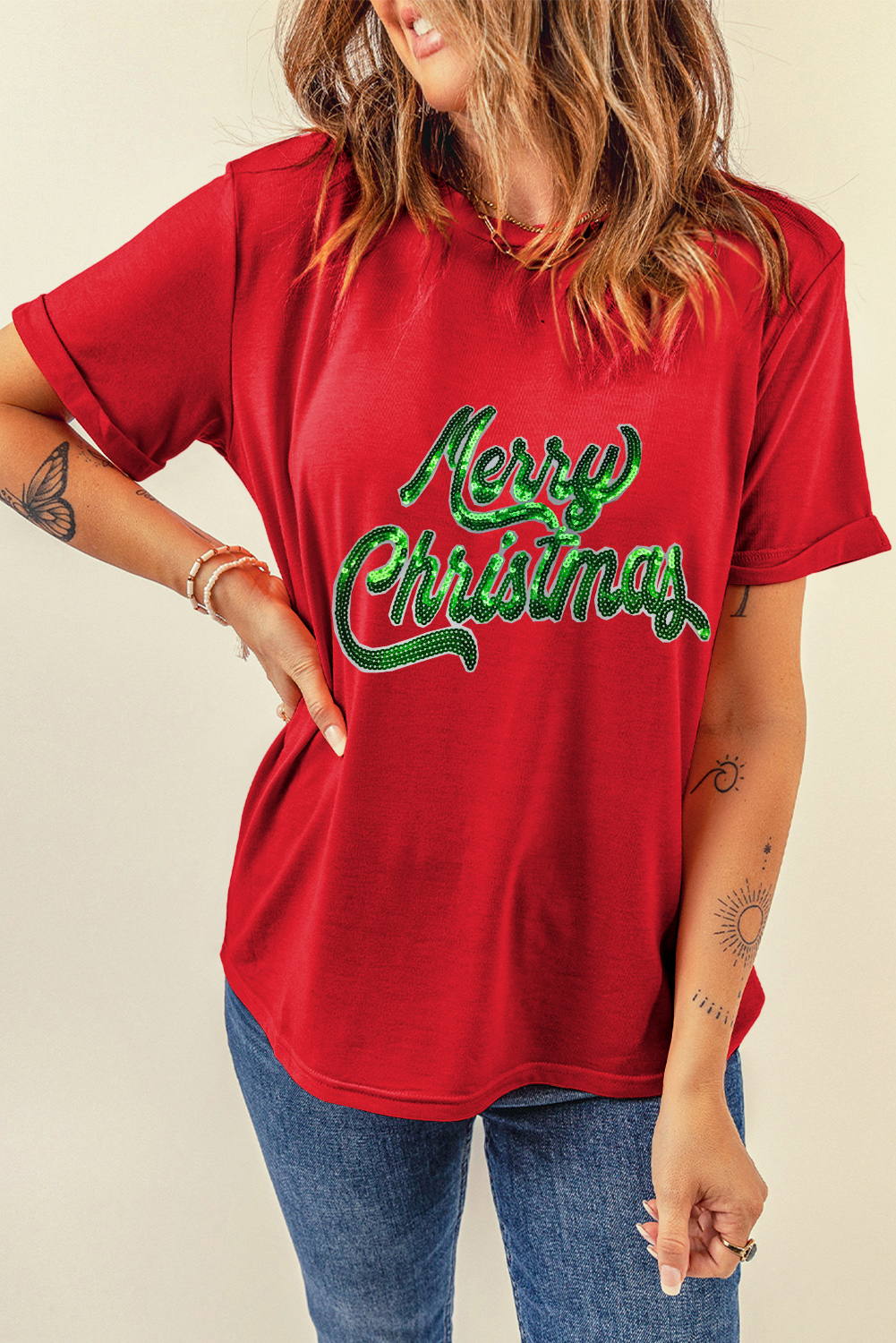 Red Merry Christmas Graphic Crewneck T Shirt - loveforevers