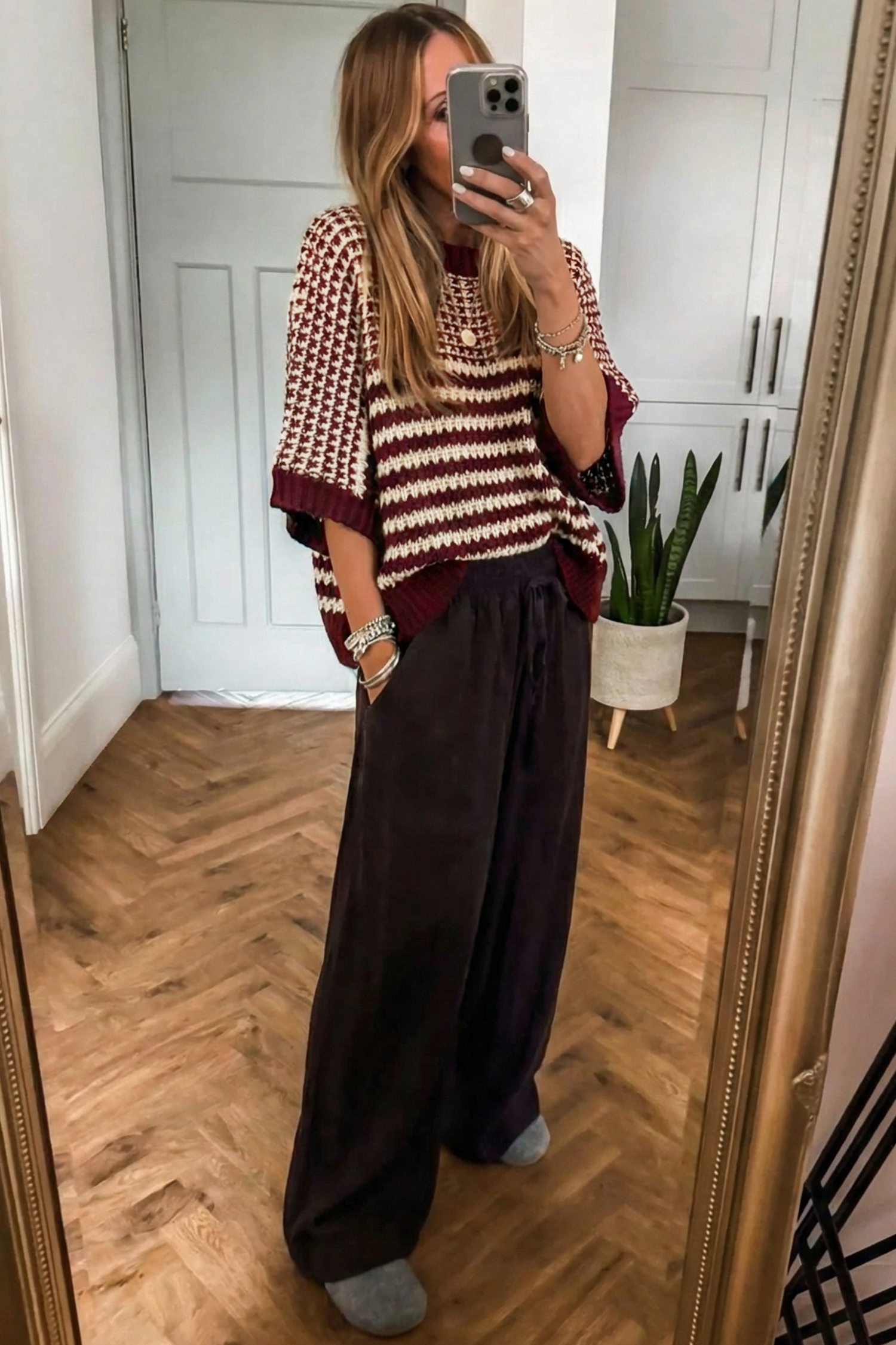 Black Stripe 3/4 Draped Sleeve Slouchy Sweater - loveforevers