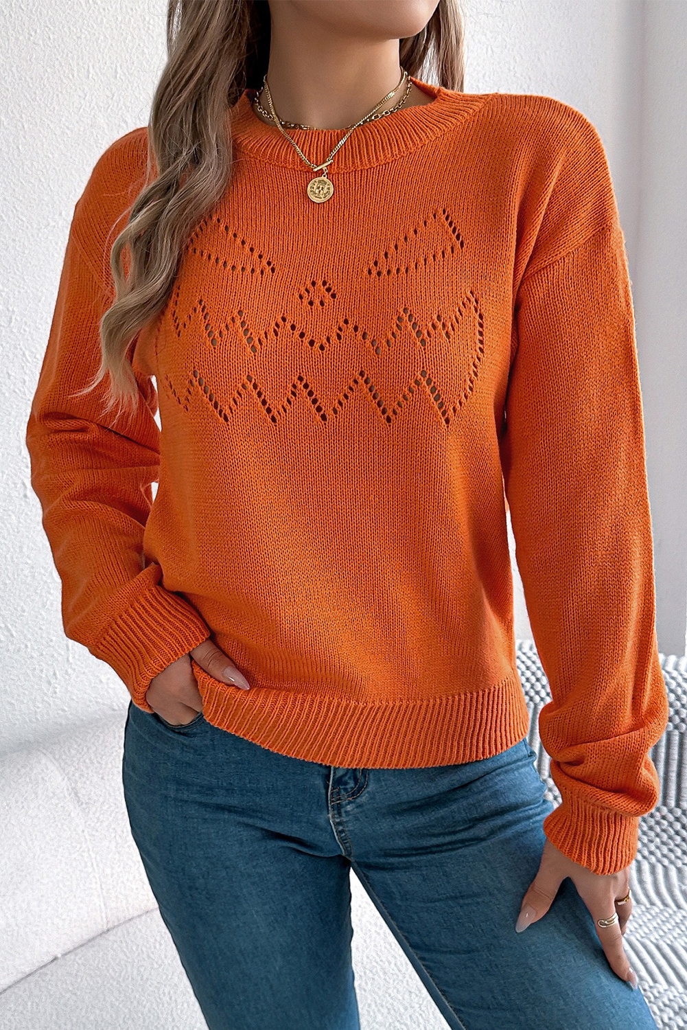 Flamingo Halloween Spooky Face Hollowed Pattern Casual Sweater - loveforevers