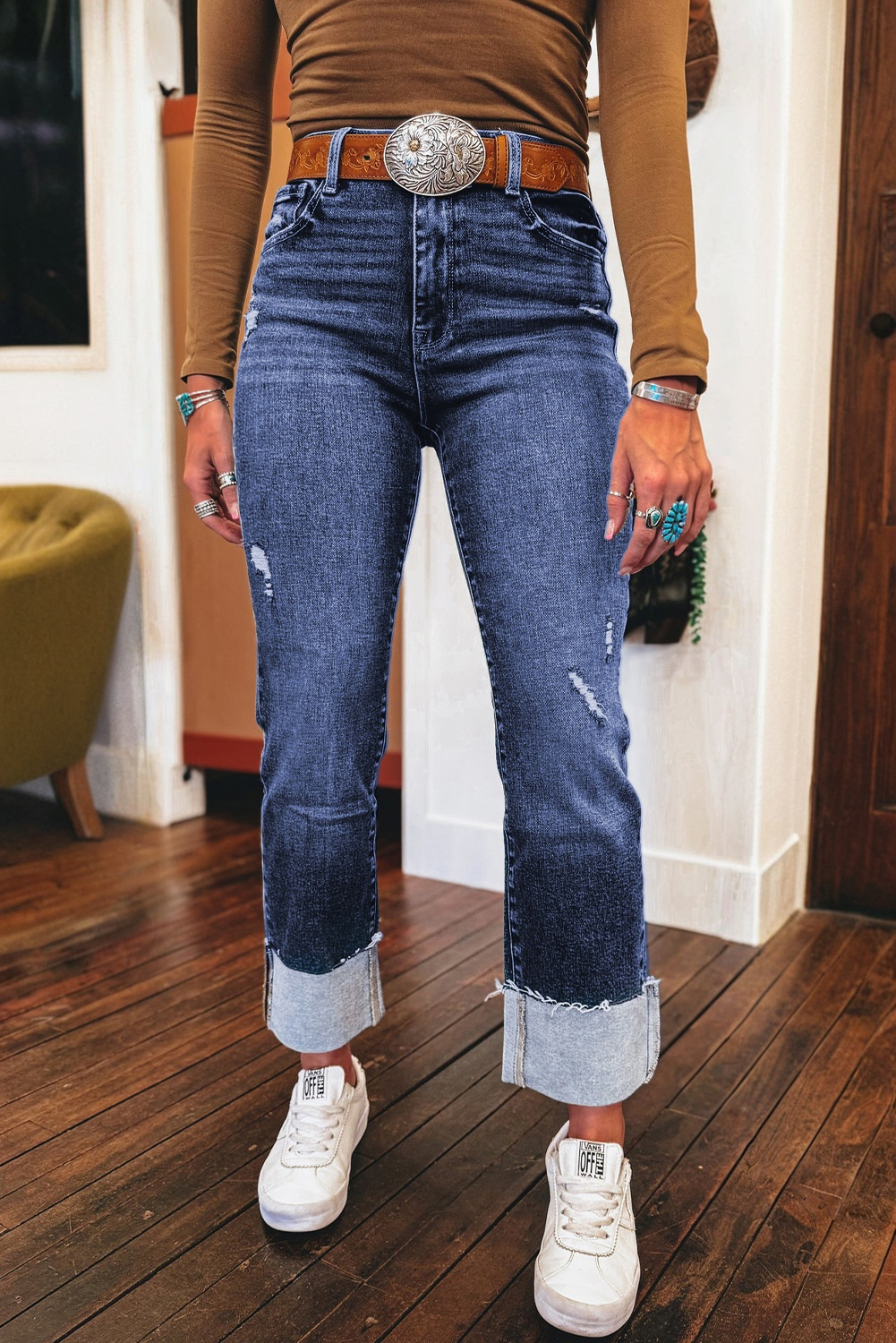 Real Teal Folded Cuffs Distressed Straight High Waist Jeans - loveforevers