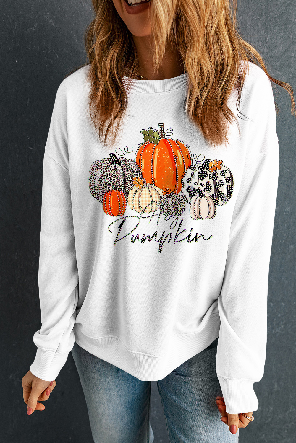 Beige Rhinestone Pumpkin Graphic Crewneck Thanksgiving Sweatshirt - loveforevers