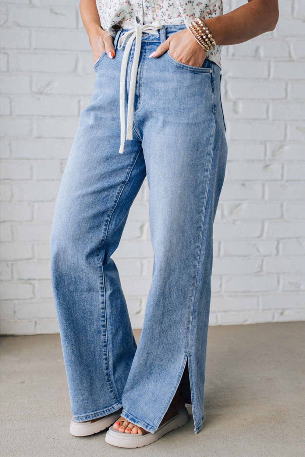 Myosotis Slit Leg High Rise Drawstring Casual Jeans - loveforevers