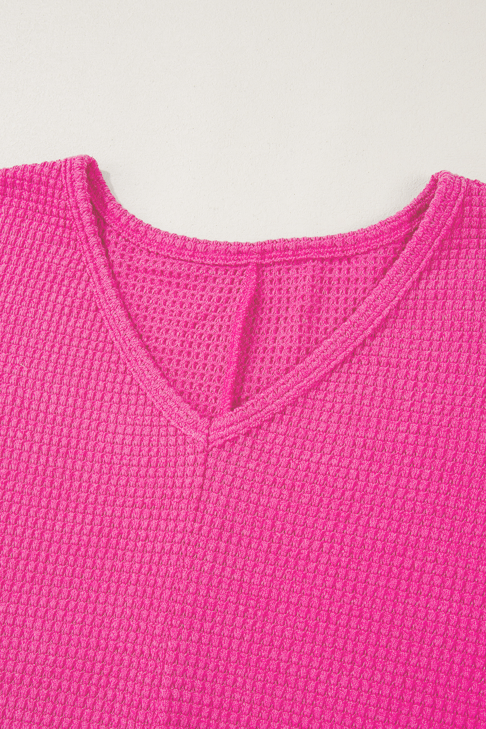 White Waffle Knit Side Slits Loose Fit V Neck Top - loveforevers