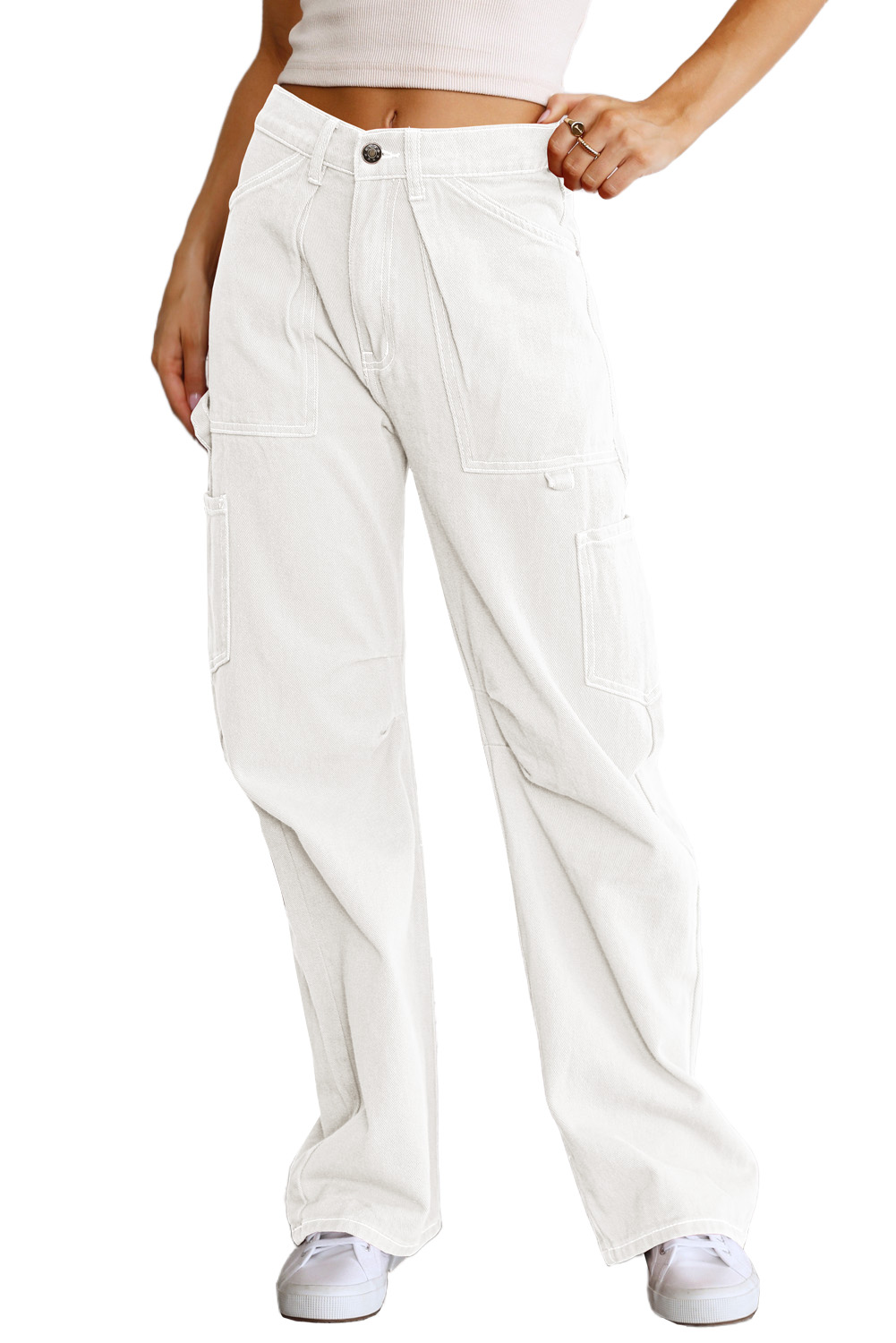 White High Waist Straight Leg Cargo Pants with Pockets - loveforevers