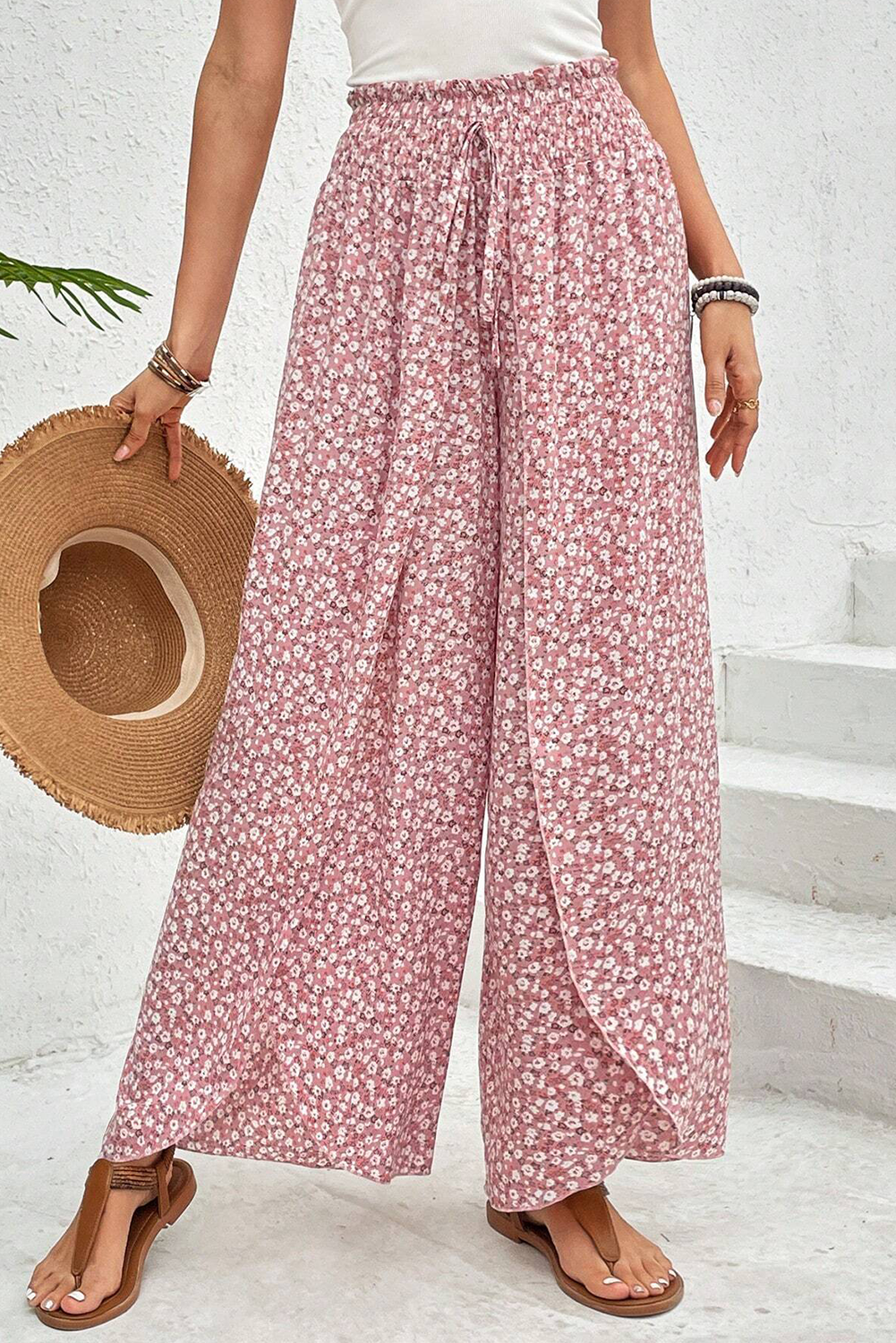 Black Bohemian Print Slit Wide Leg Smocked High Waist Pants - loveforevers