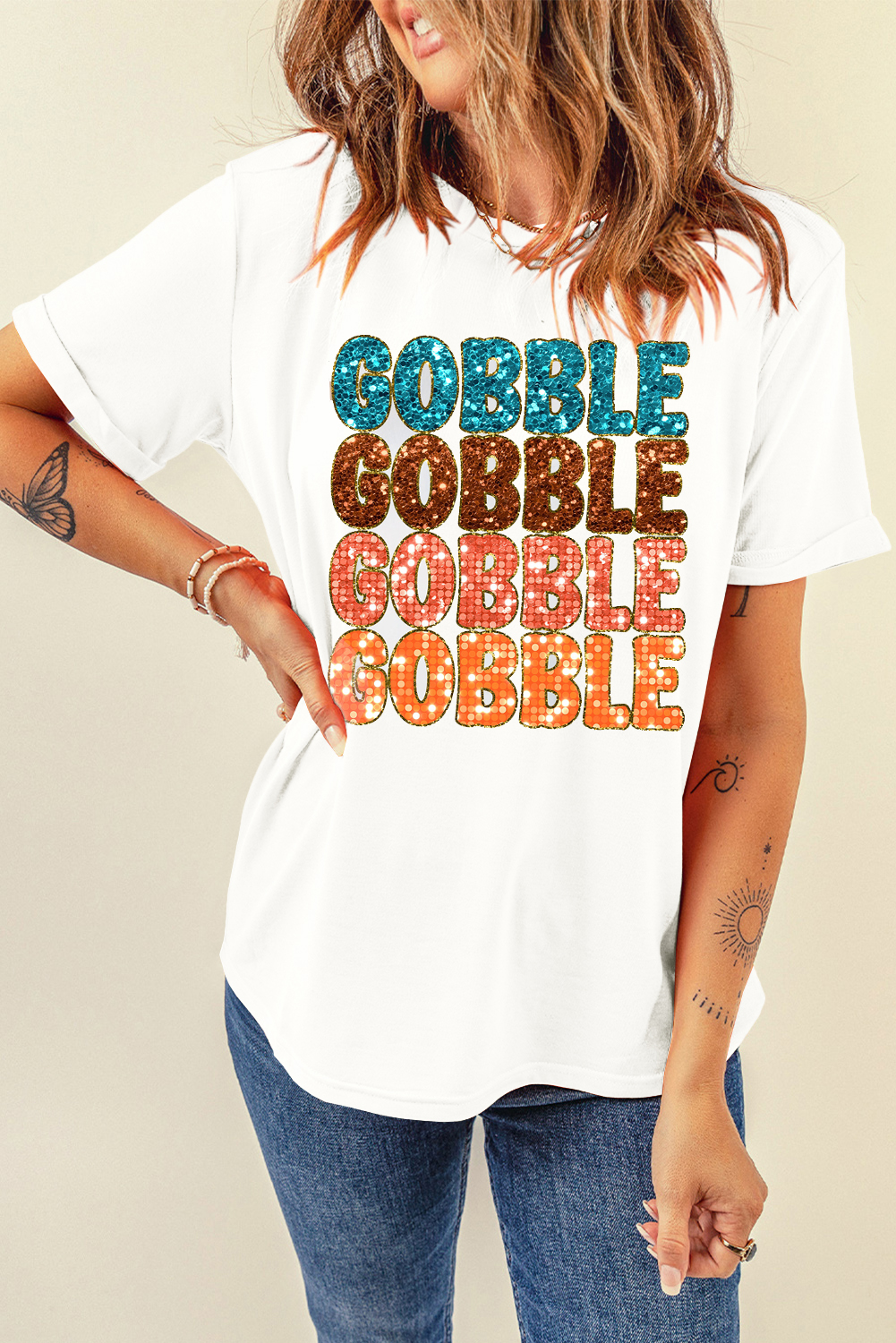 White Heat Transfer GOBBLE Graphic Crewneck Thanksgiving T Shirt - loveforevers