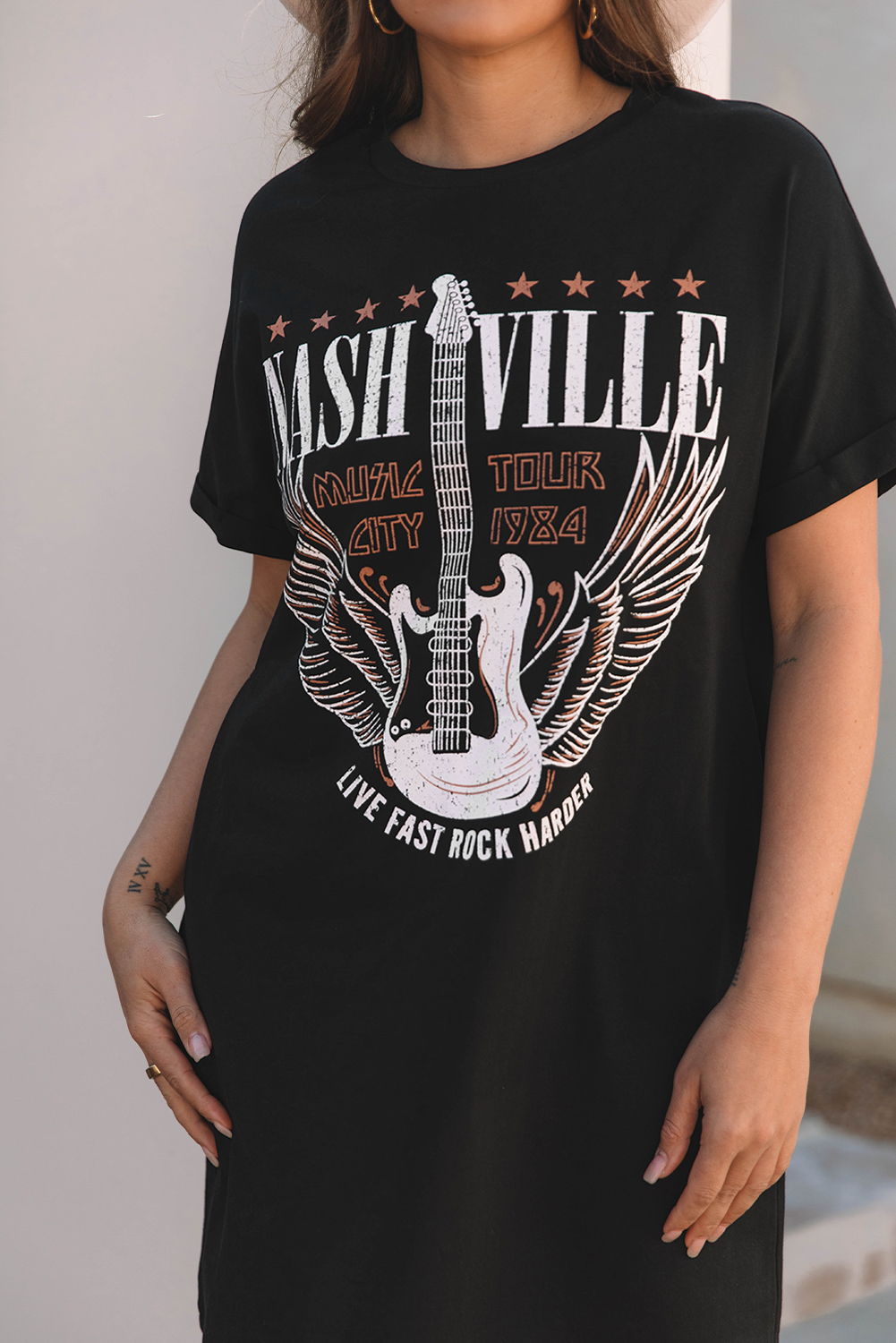 Black Nashville Guitar Print Crew Neck T Shirt Mini Dress - loveforevers