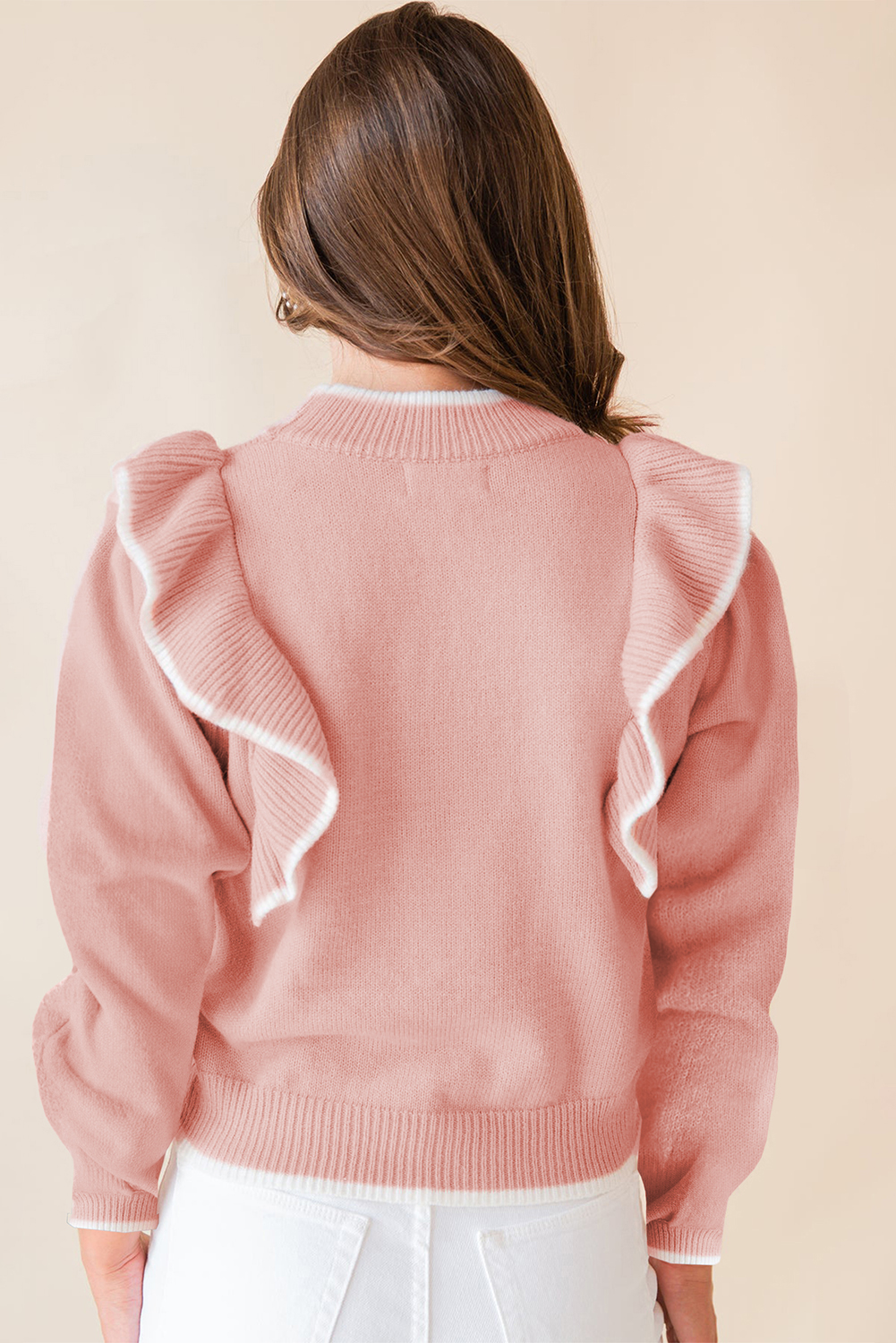 Light Pink Ruffled Bowknot Ribbed Trim Long Sleeve Sweater - loveforevers