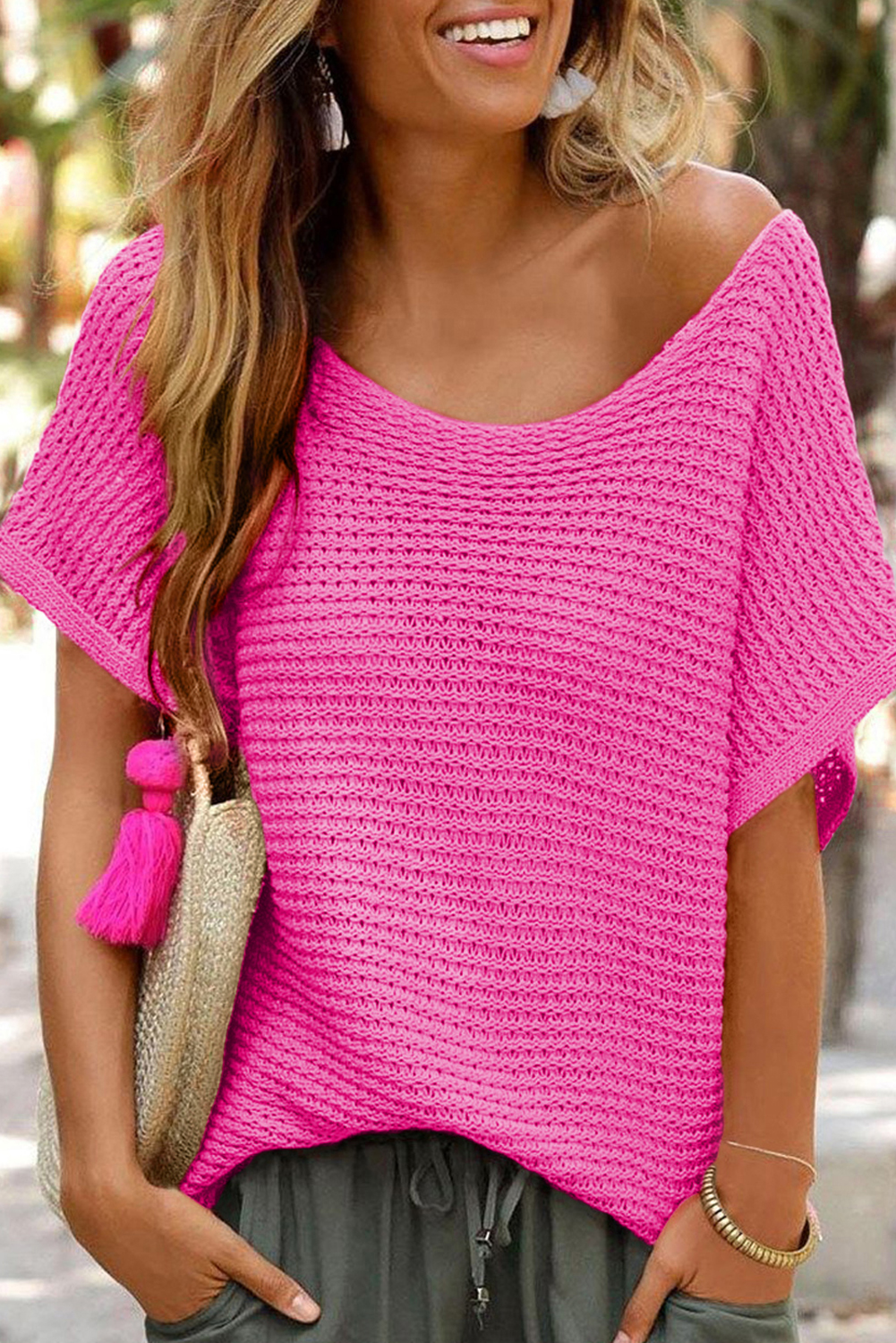 Pink Solid Loose Knit Short Dolman Sleeve Sweater - loveforevers