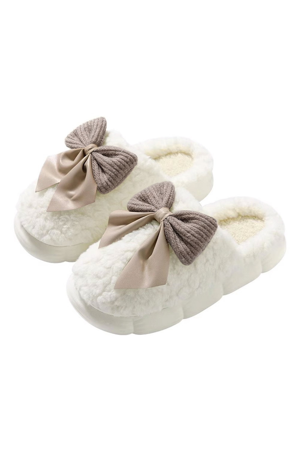 White Contrast Bowknot Applique Plush Winter Slippers (Colors May Differ by Batch) - loveforevers
