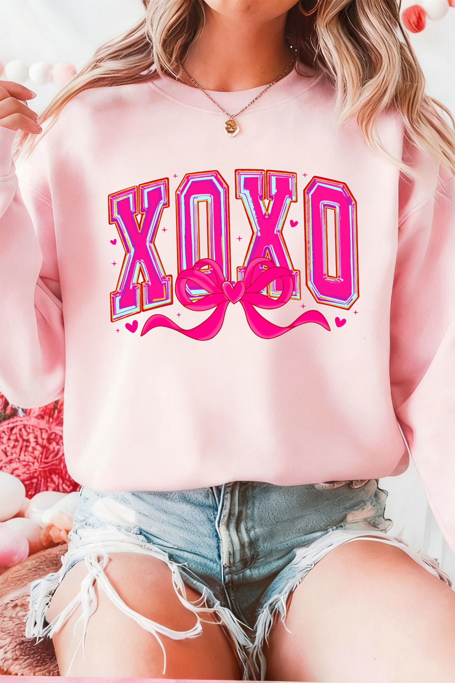 Pink XOXO Valentines Day Heart Ribbon Bow Printed Pullover Sweatshirt - loveforevers