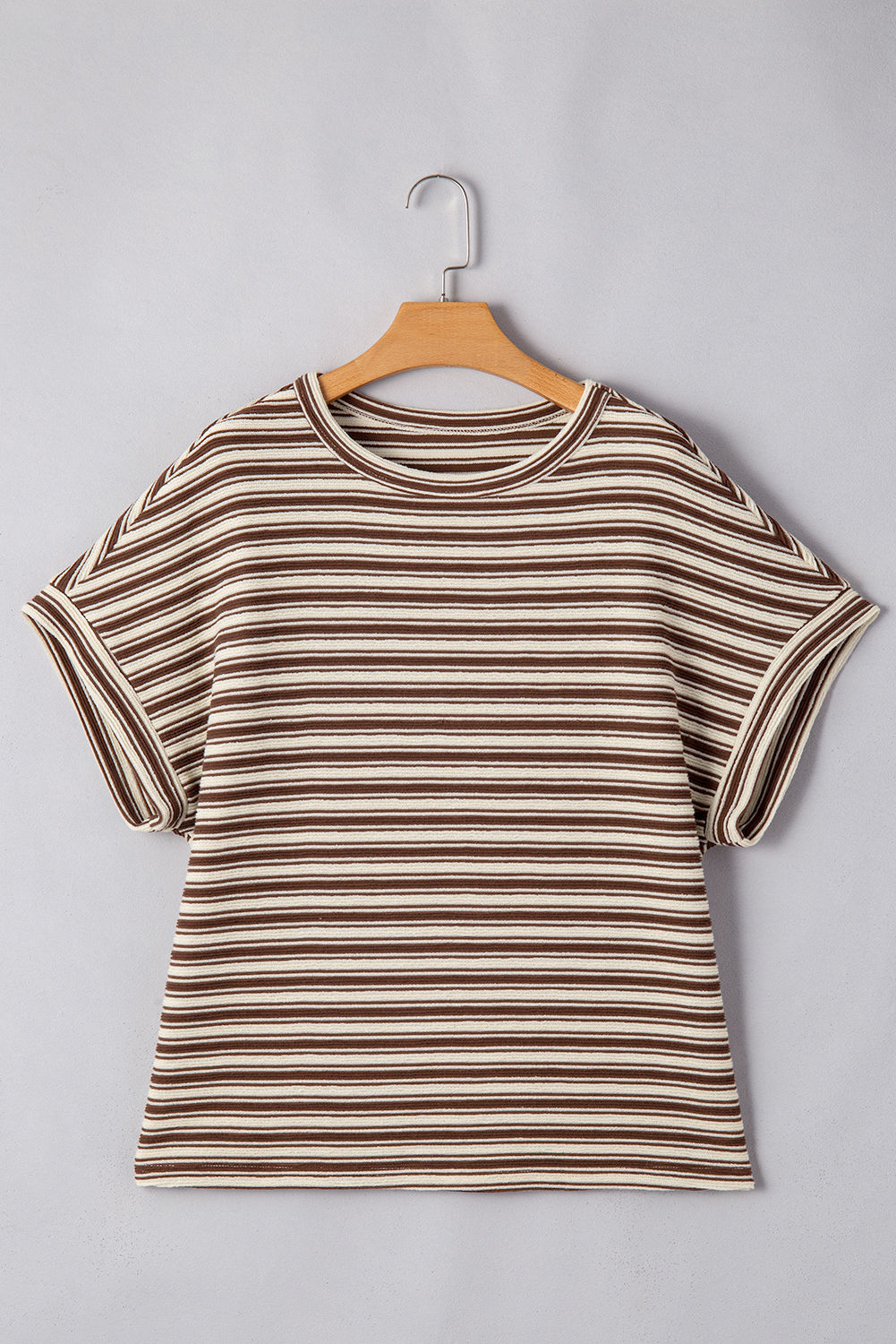 Green Stripe Textured Side Slits Crew Neck T Shirt - loveforevers
