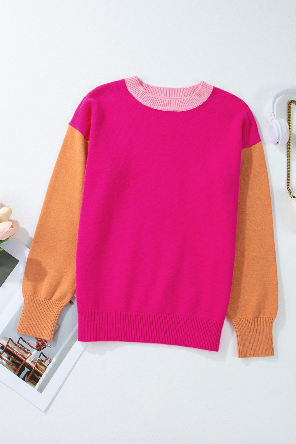 Bonbon Three Tone Contrast Round Neck Loose Sweater - loveforevers
