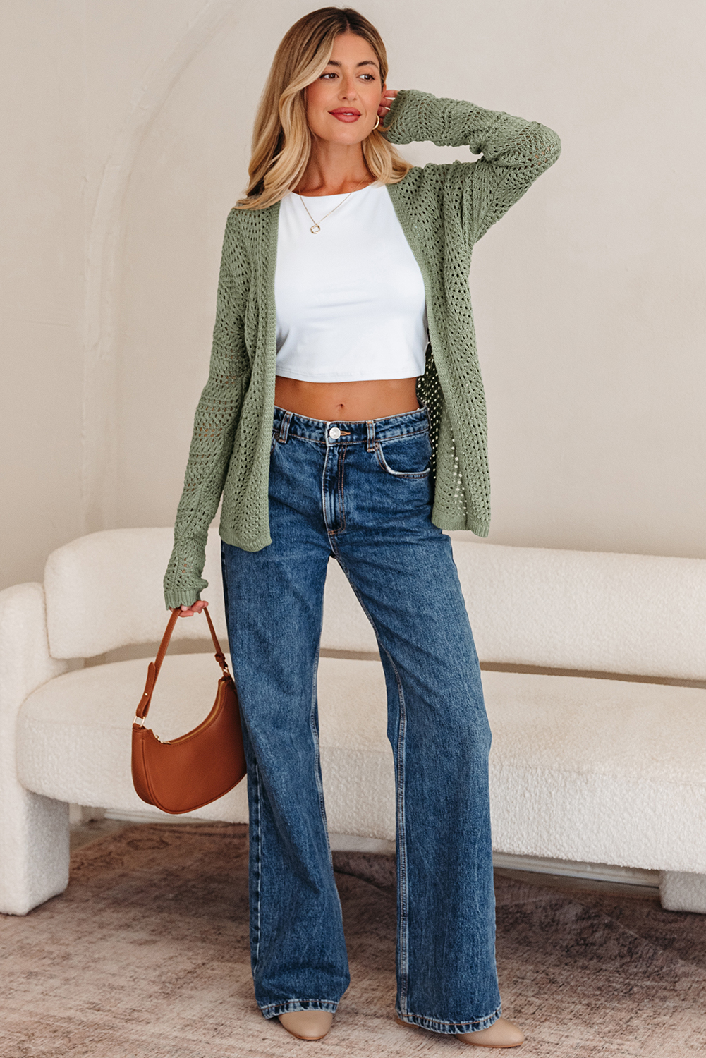 Green Bay Scalloped Edge Eyelet Knit Batwing Sleeve Cardigan - loveforevers