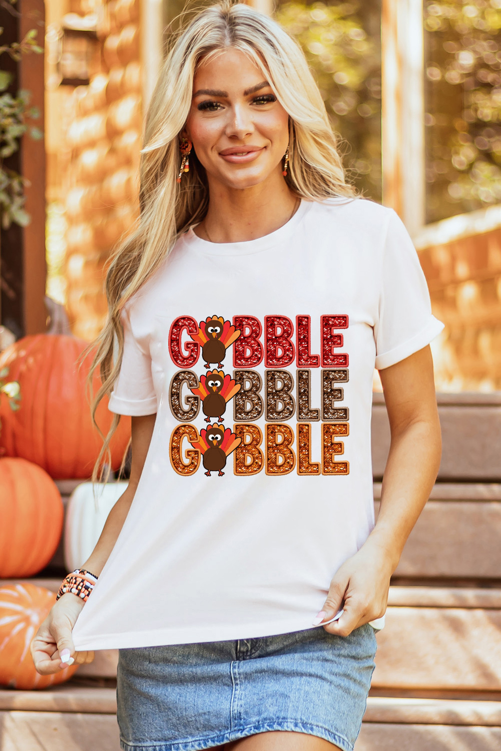 White GOBBLE Thanksgiving Turkey Print T Shirt - loveforevers