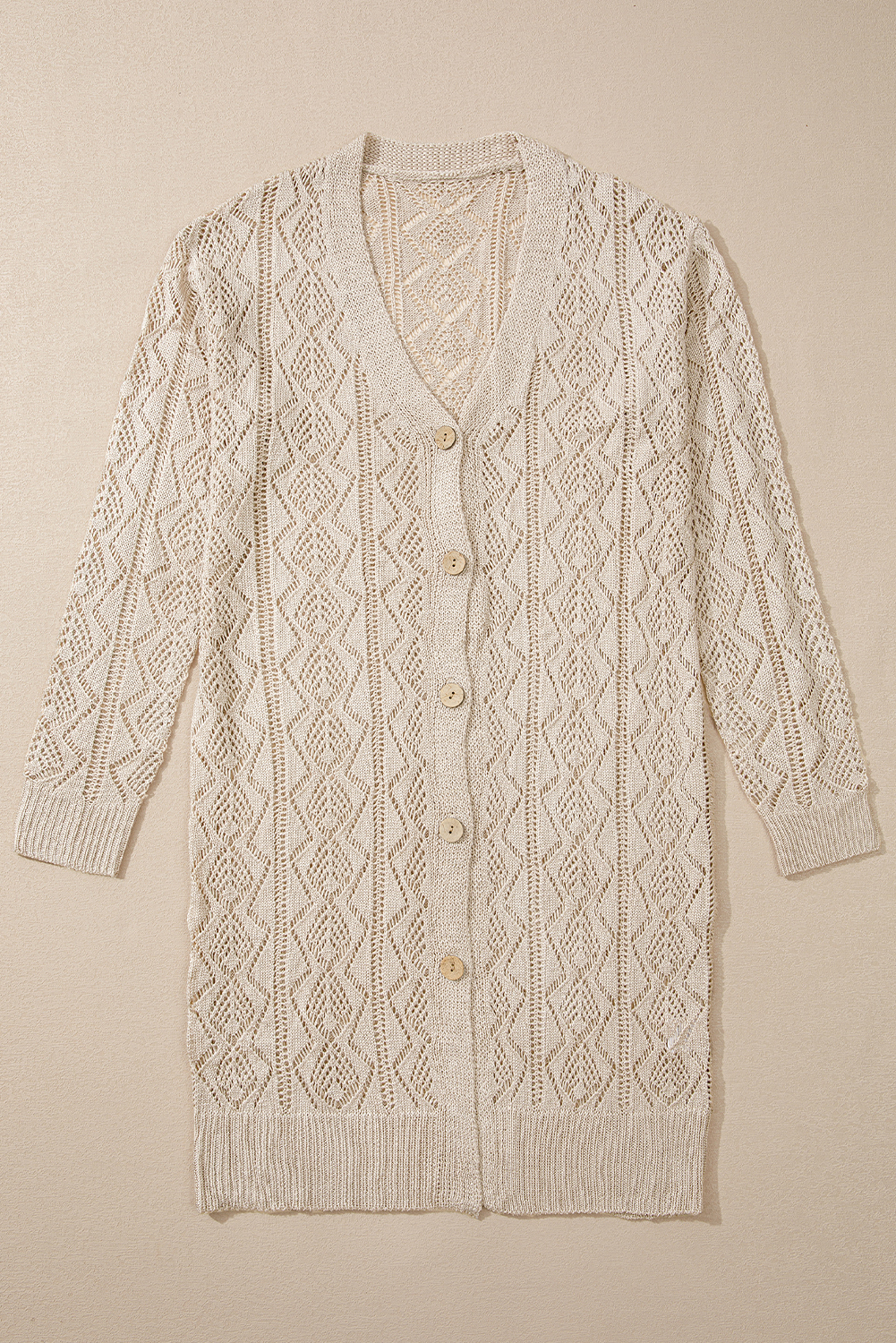 Parchment Hollow Out Buttons Front Long Cardigan - loveforevers