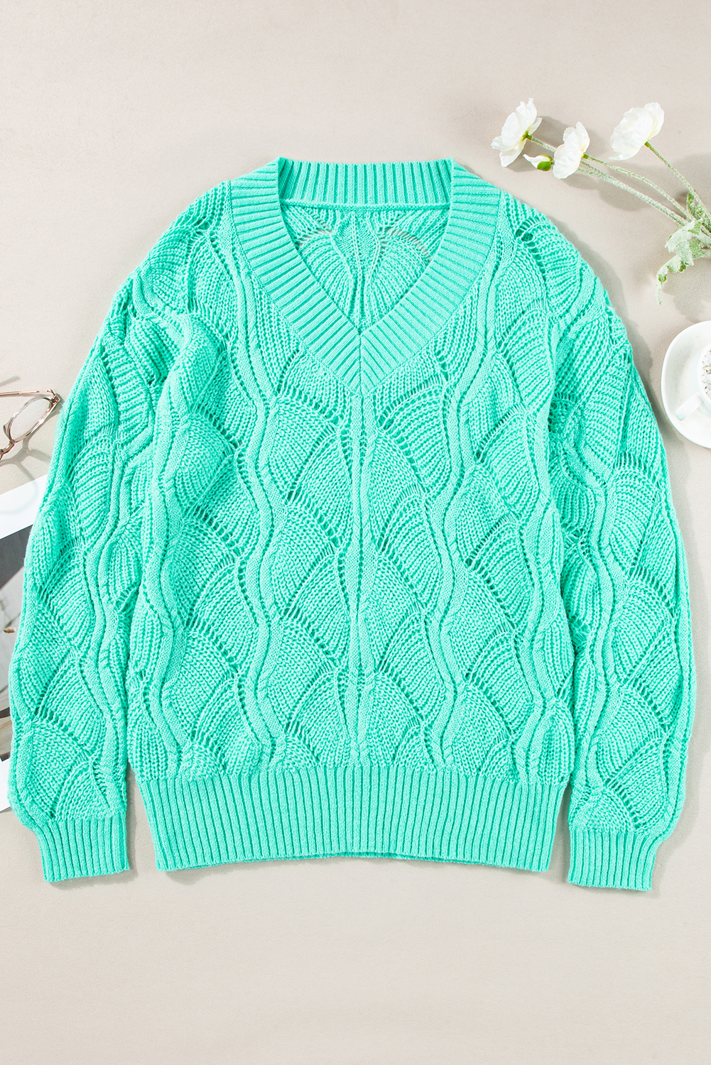 Beige Hollow Out Knit V Neck Drop Shoulder Sweater - loveforevers