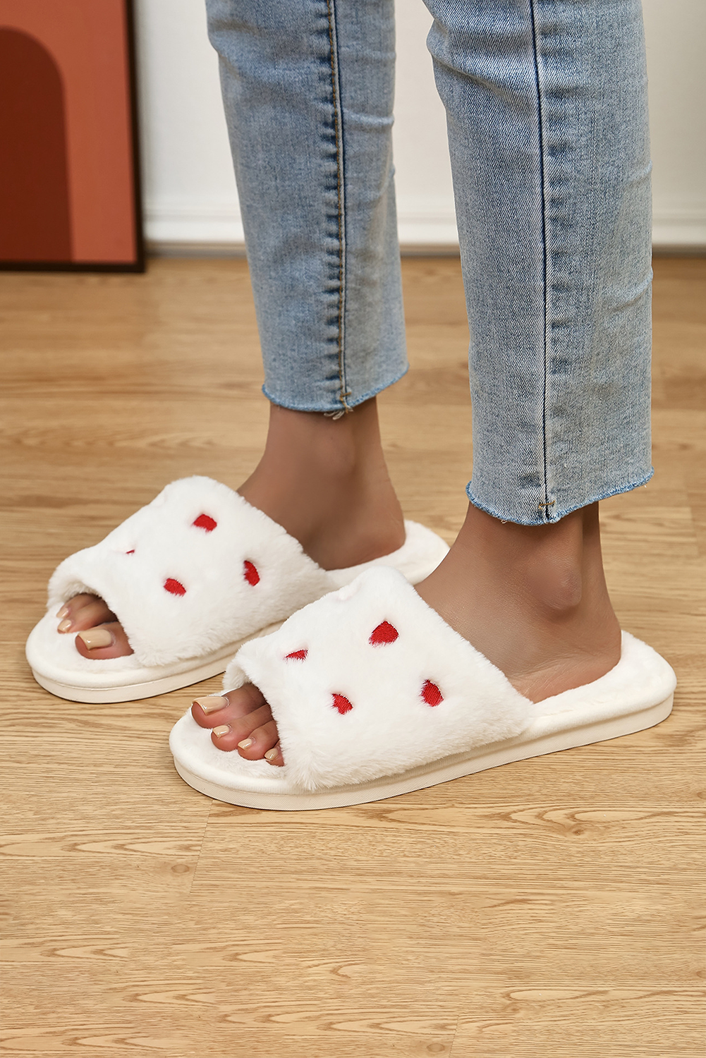 White Valentines Heart Embroidered Fuzzy Winter House Slippers - loveforevers