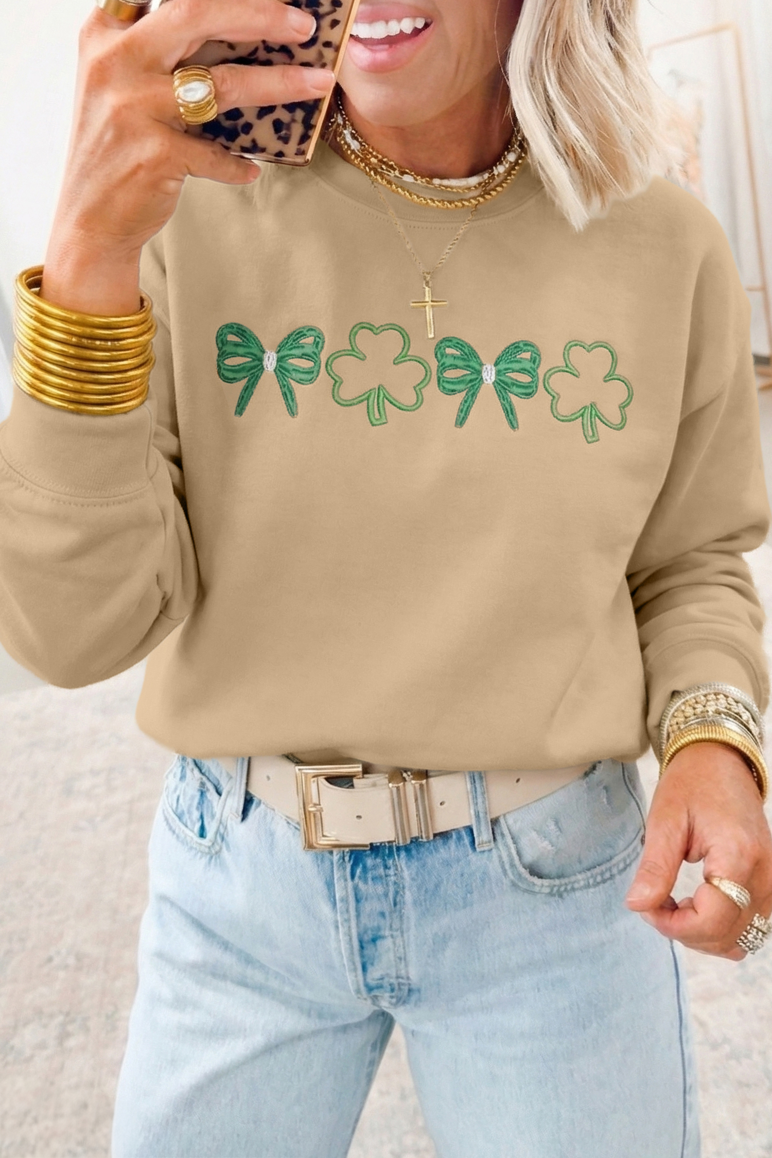 Khaki Embroidered Bow Clover St Patricks Fashion Sweatshirt - loveforevers