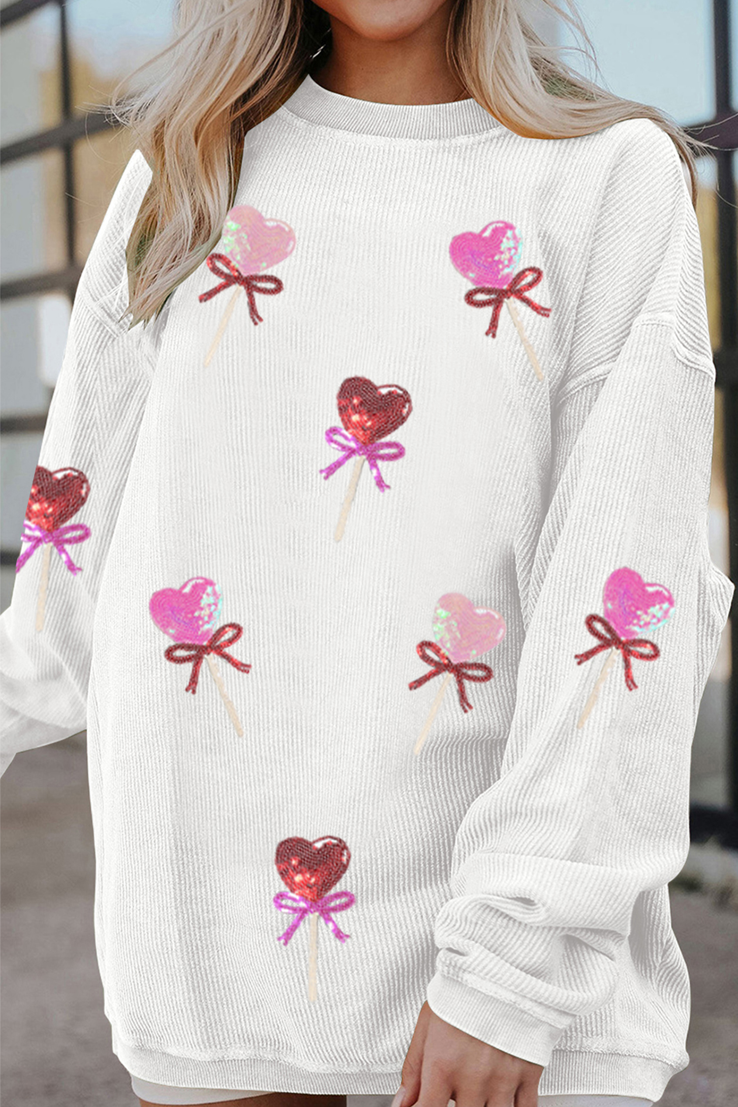 White Heart Lollipop Sequin Pattern Valentine Sweatshirt - loveforevers