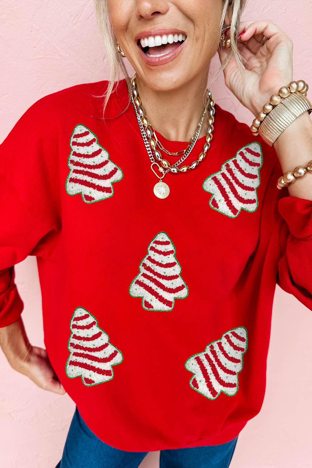 Red Playful Christmas Tree Patched Dropped Shoulder Sweatshirt - loveforevers