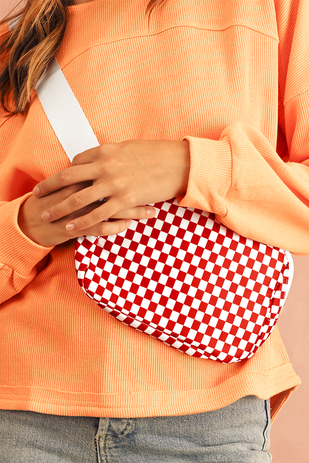 Fiery Red Checkered Print Zipped Buckle Strap Crossbody Bag - loveforevers