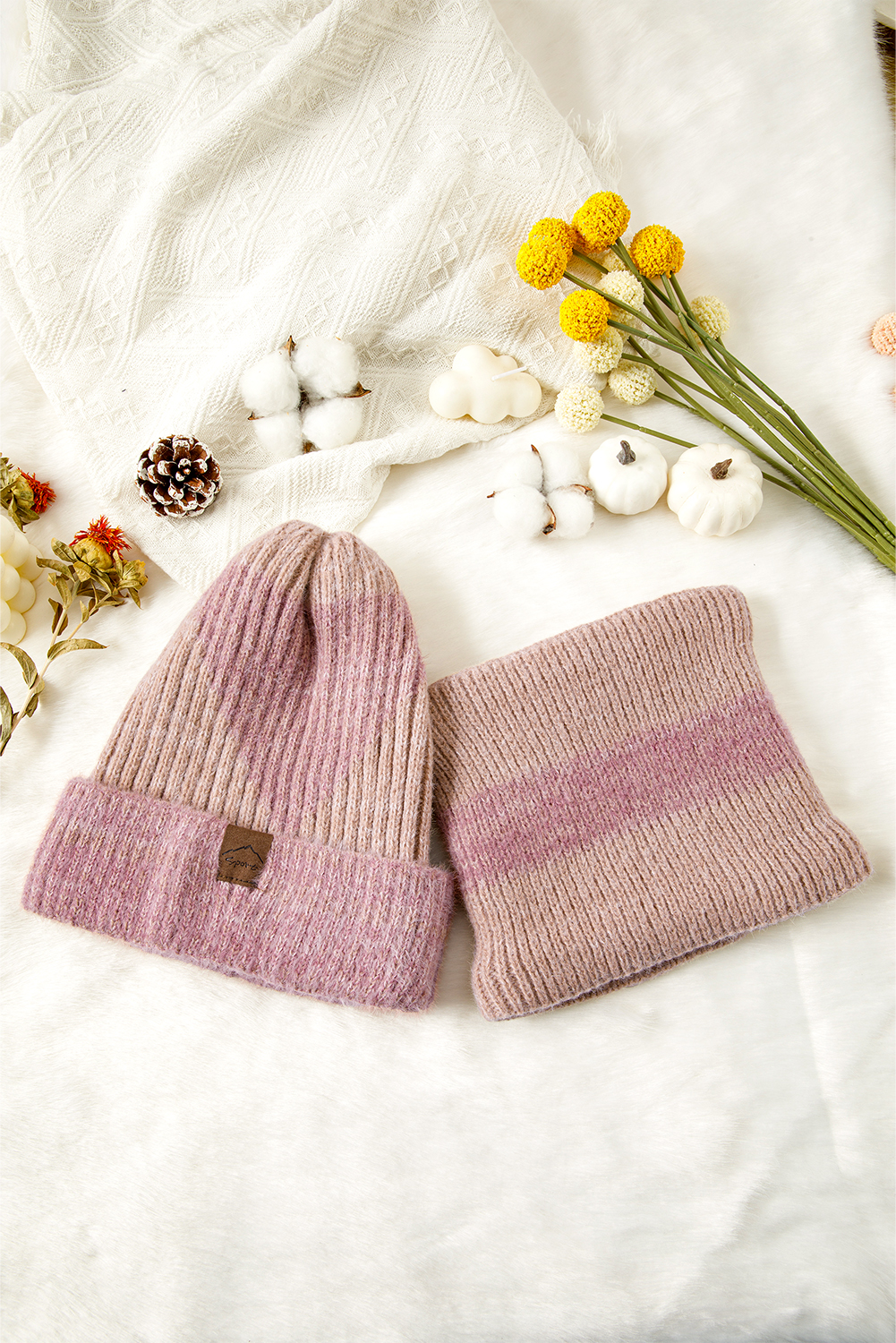 Peach Blossom Cozy Sherpa Liner Stylish Knitted Beanie and Scarf Set - loveforevers