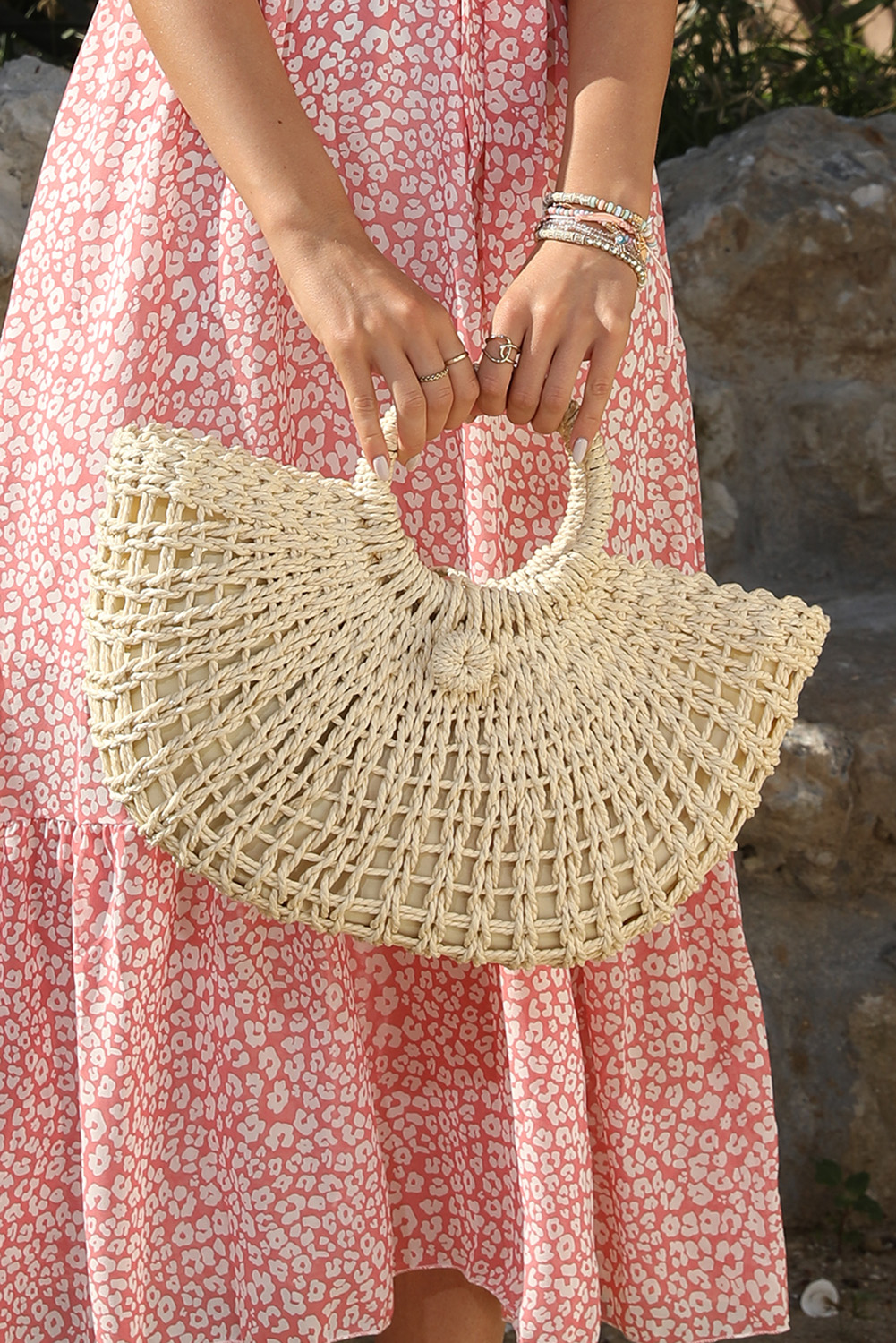 Beige Bamboo Weaving Semicircle Tote Handbag - loveforevers