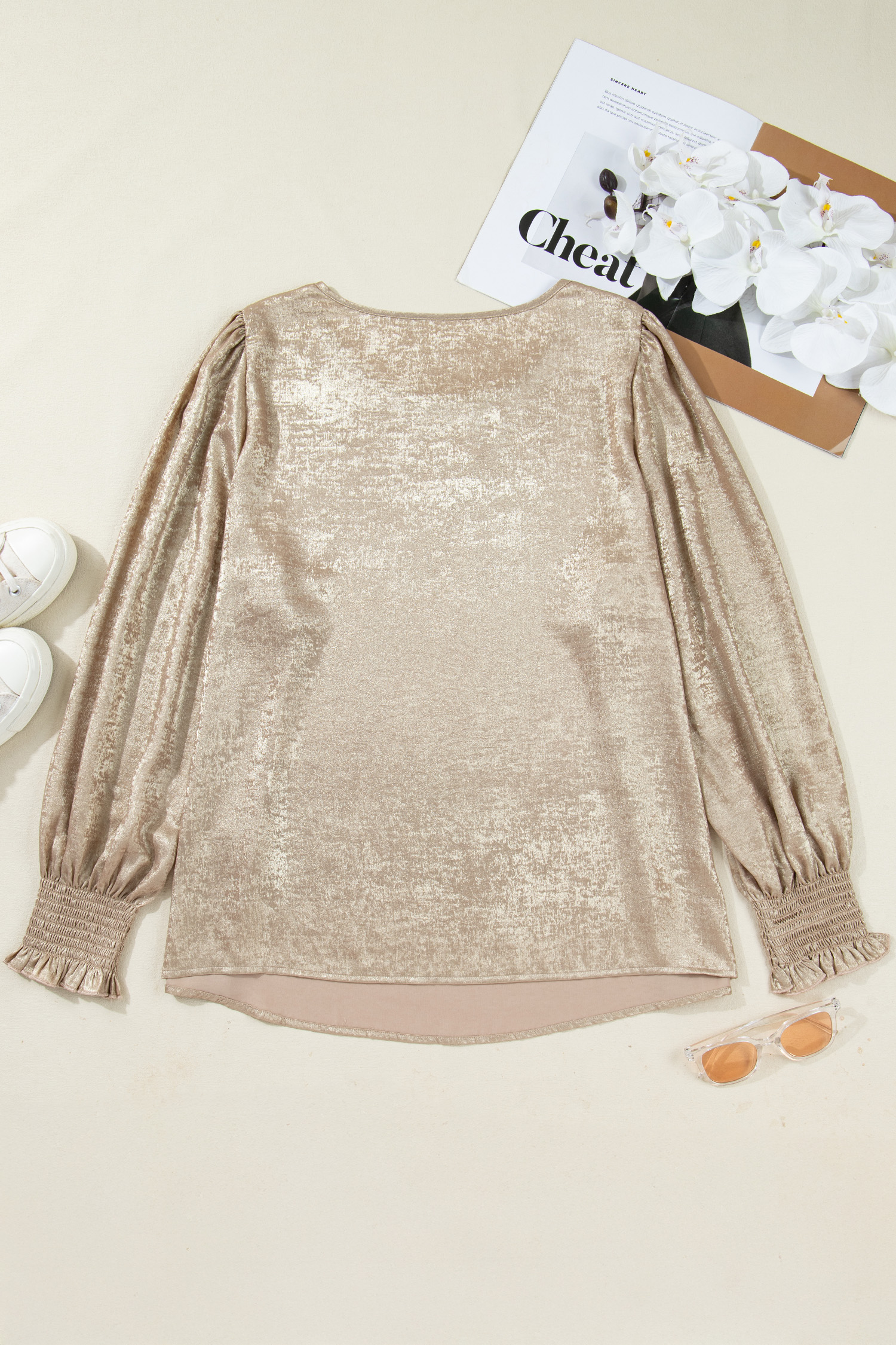 Apricot Metallic Round Neck Smocked Long Sleeve Blouse - loveforevers