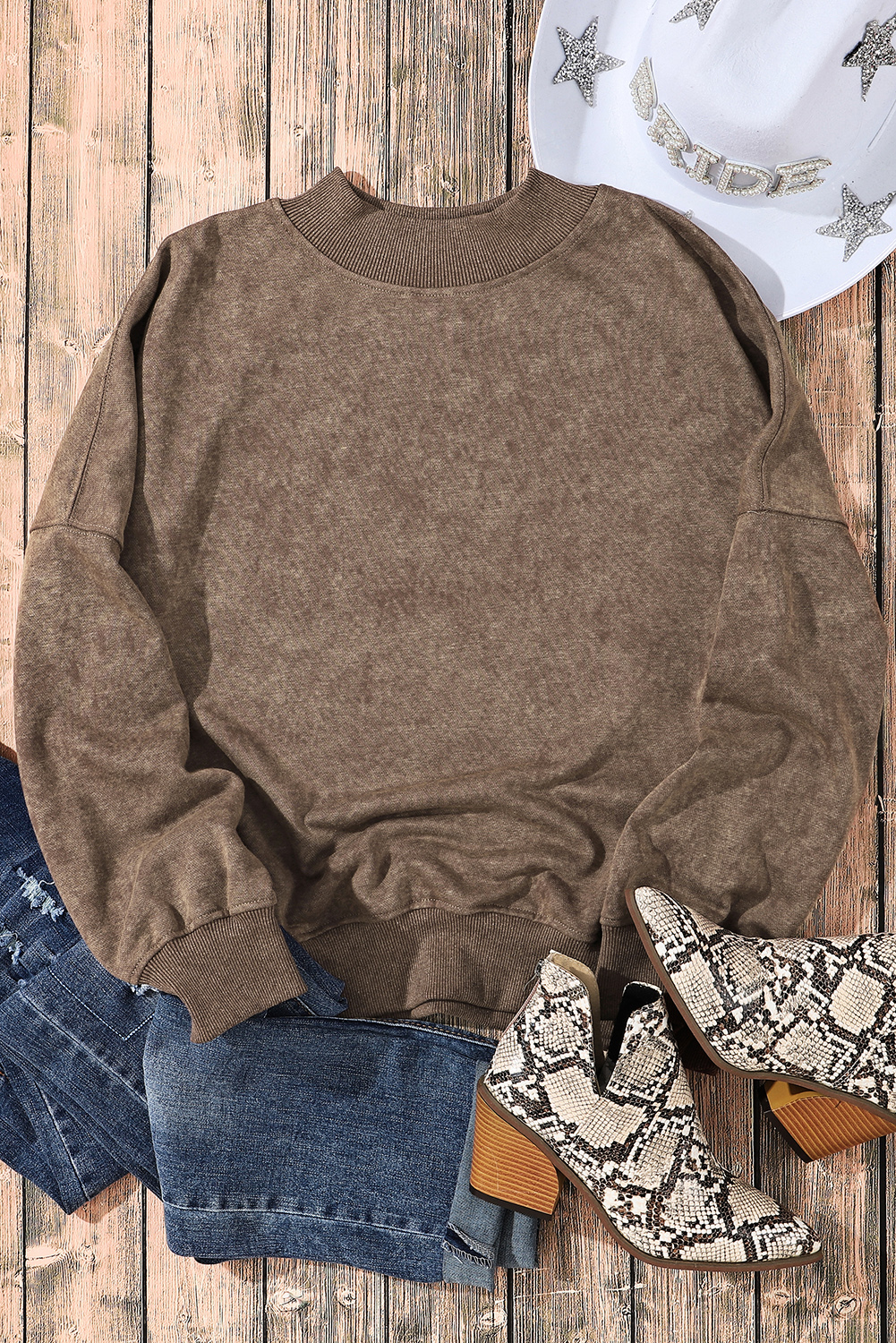 Brown Drop Shoulder Crew Neck Pullover Sweatshirt - loveforevers