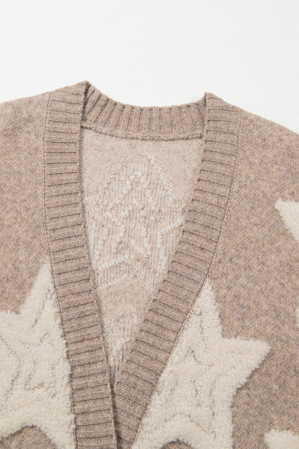 Khaki Sherpa Star Pattern Textured Sweater Cardigan with Pockets - loveforevers