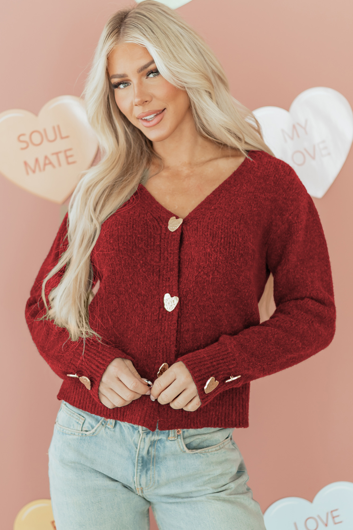 Fiery Red Heart Metal Button V Neck Cardigan Sweater - loveforevers