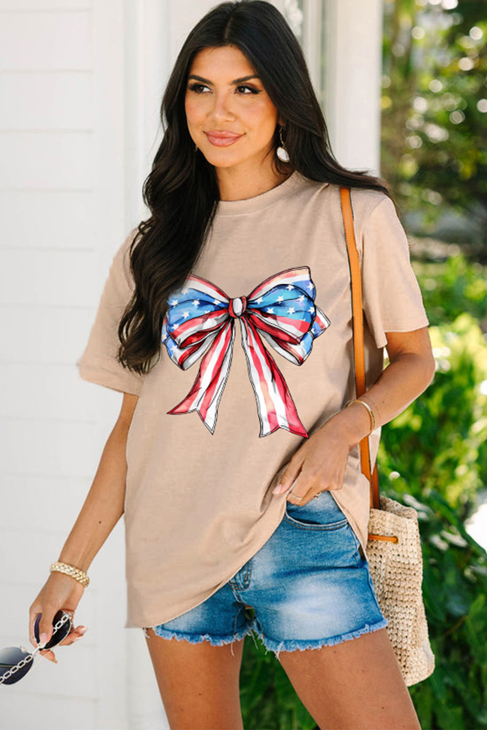 Khaki American Flag Bow Knot Print Round Neck T Shirt - loveforevers