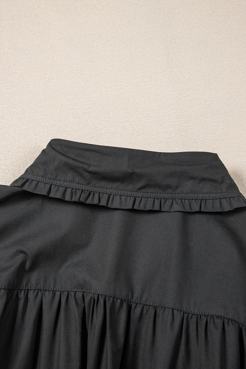 Black Shirt Style Button Down Puff Sleeve Ruffle Hem Dress - loveforevers