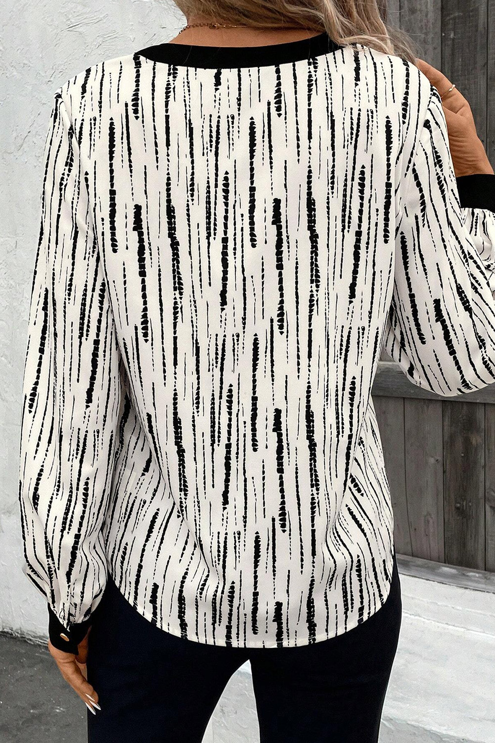 White Abstract Printed V Neck Fall Blouse - loveforevers