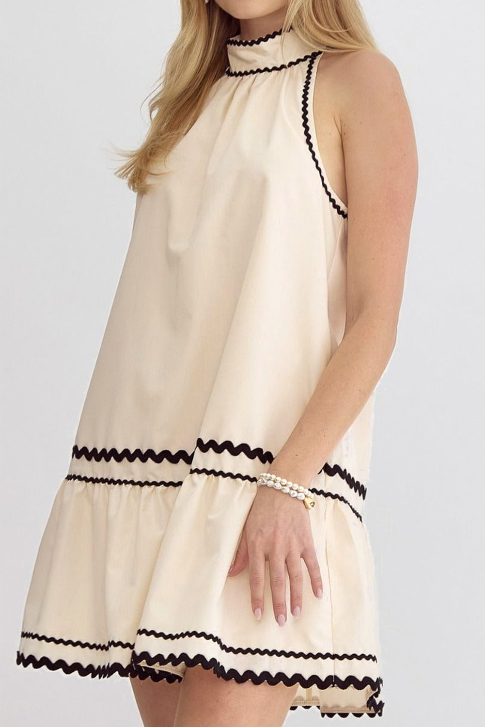 Khaki Stripe Ric Rac Trim Halter A-line Sleeveless Mini Dress - loveforevers