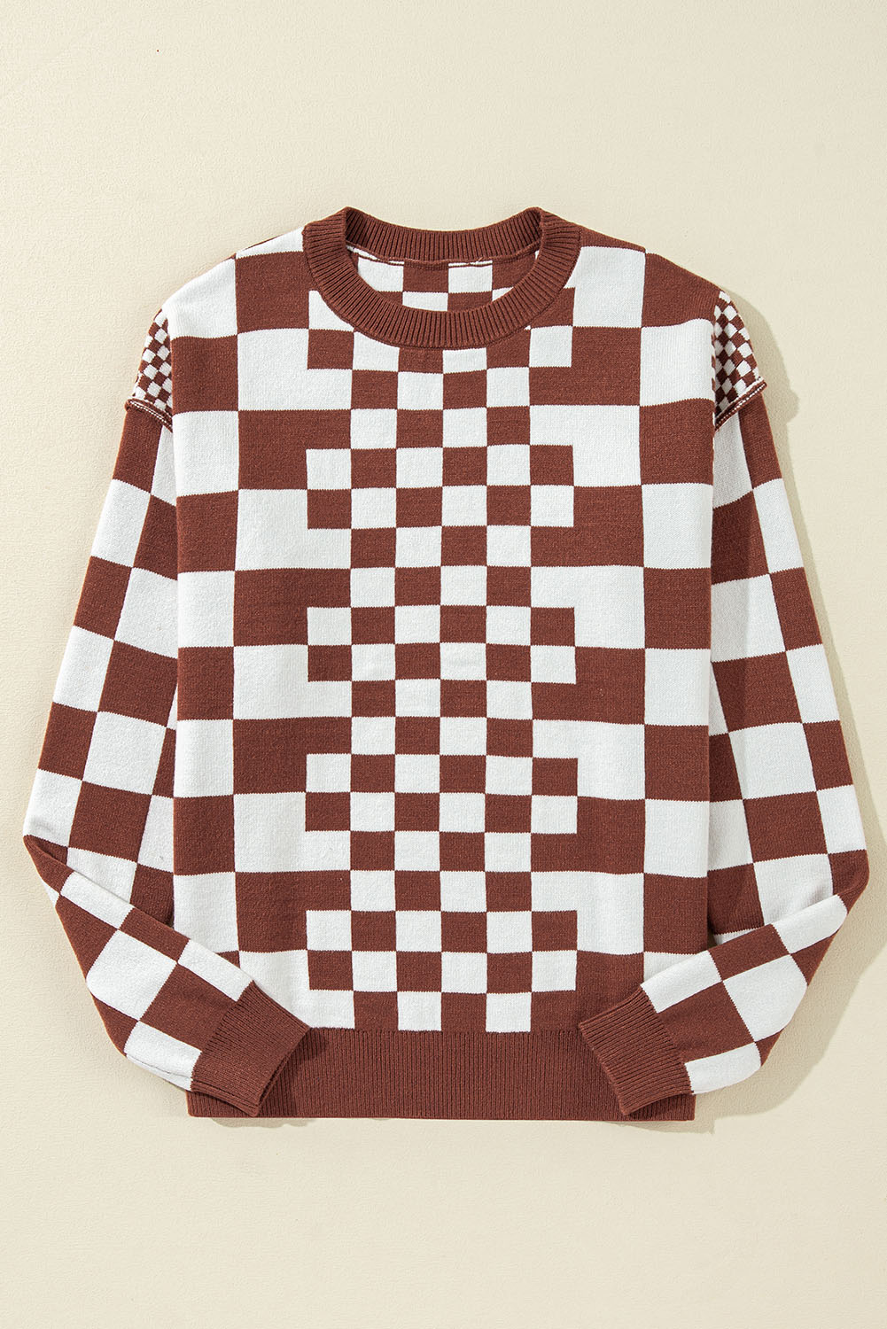 Khaki Checkered Print Drop Shoulder Round Neck Sweater - loveforevers